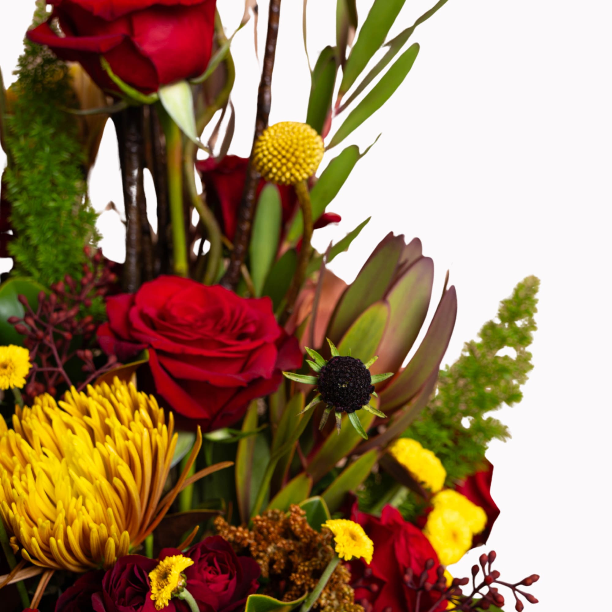 Bouquet of red roses and yellow chrysanthemums with greenery