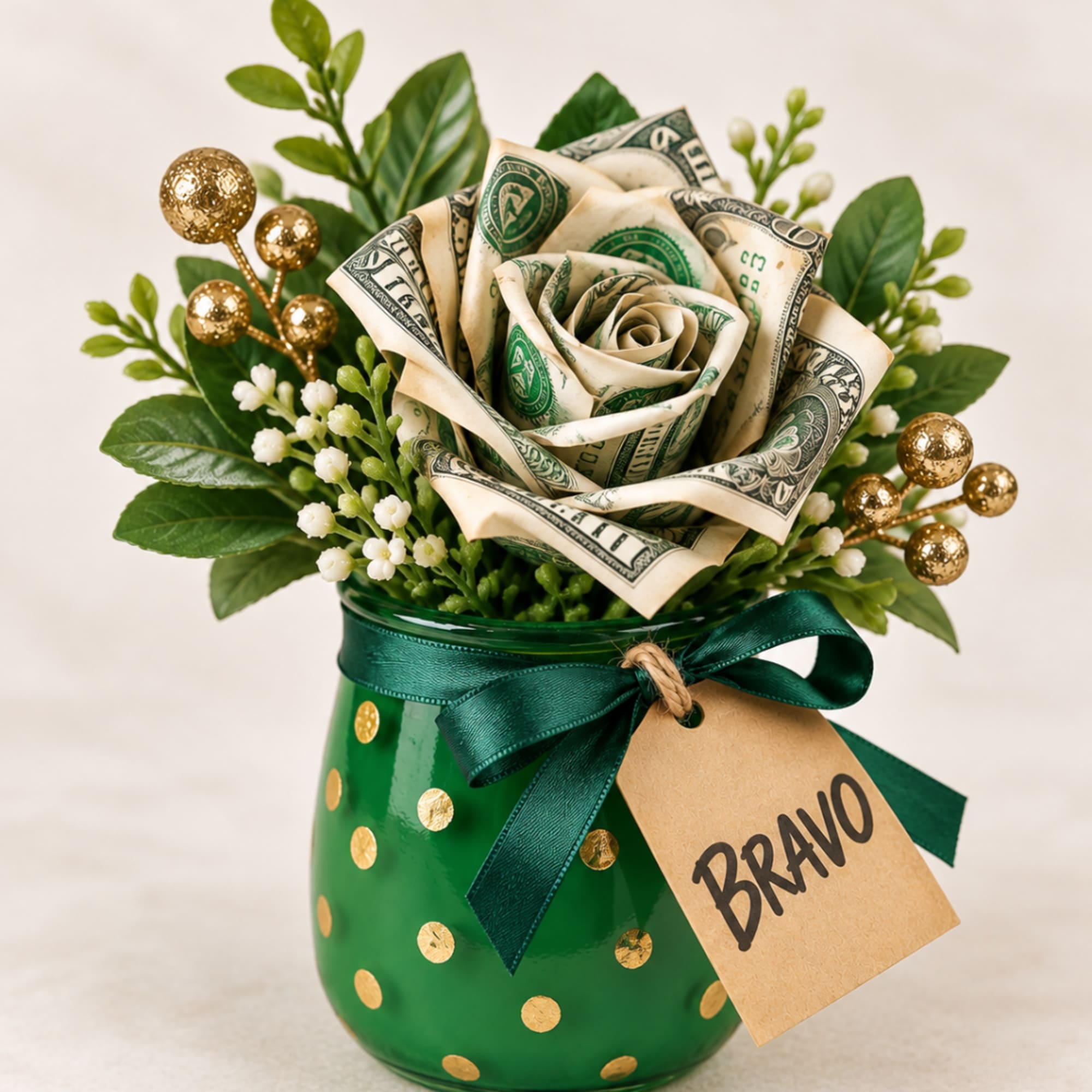 Dollar-bill rose arrangement in a green vase with a "Bravo" tag