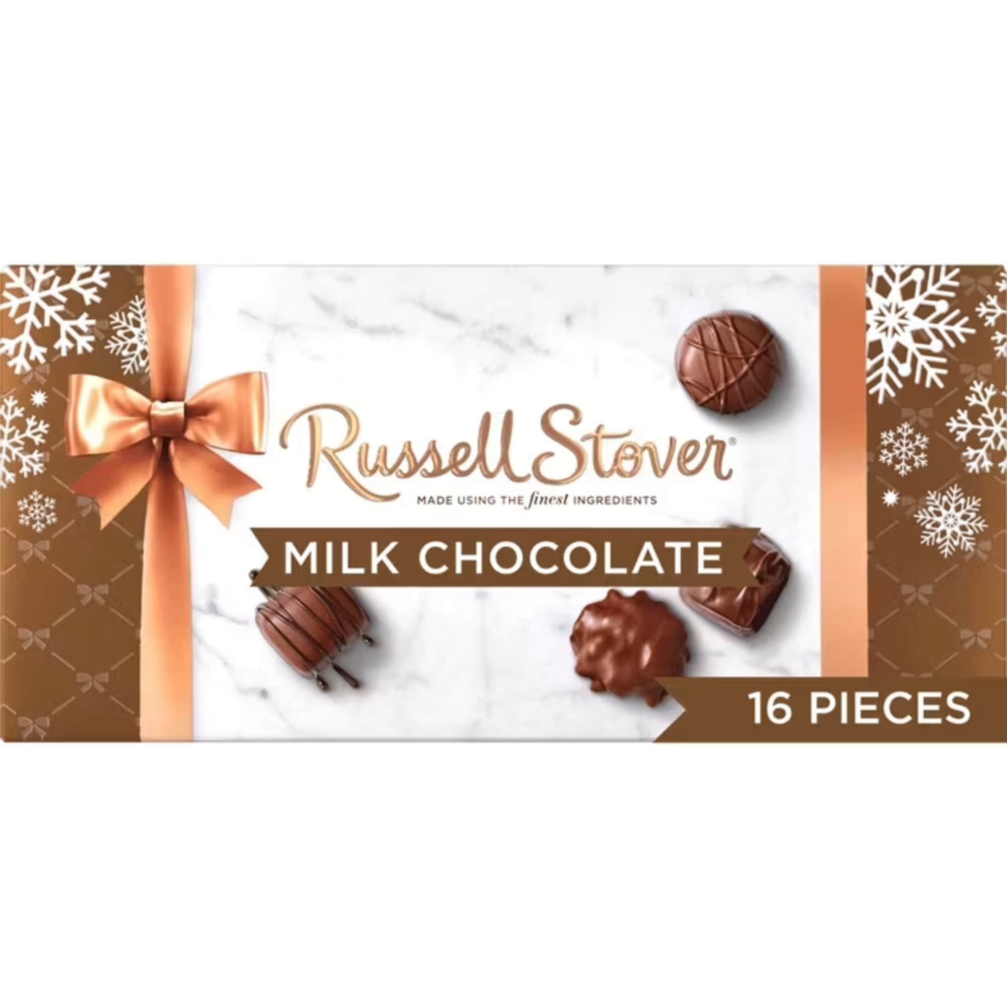 Box of Russell Stover milk chocolate candies with a holiday ribbon design