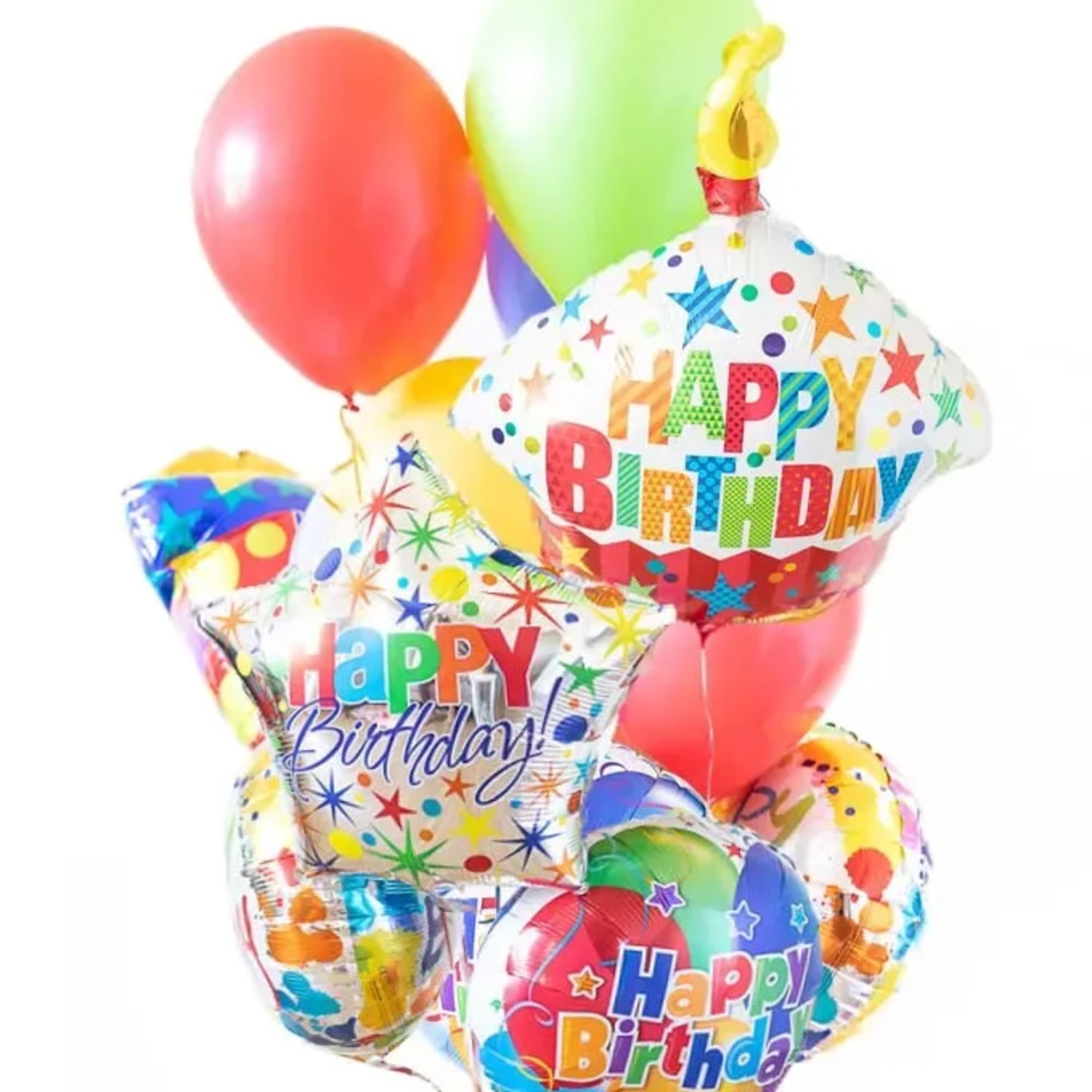 Cluster of colorful birthday balloons with printed "Happy Birthday" messages