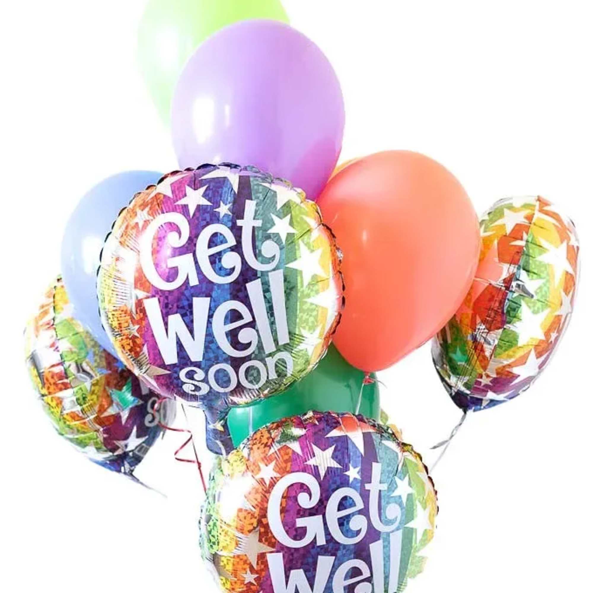Cluster of colorful balloons with two "Get Well Soon" balloons