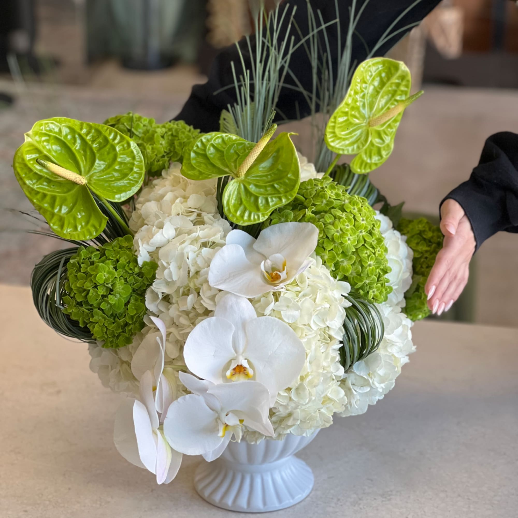 White orchids and green hydrangeas arranged in a white pedestal vase