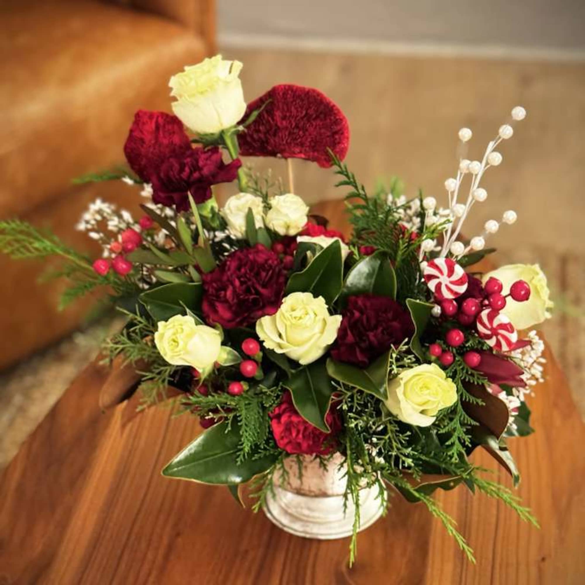 Our Holiday Elegance Floral Arrangement is a refined seasonal design created with, photo 2 of 2