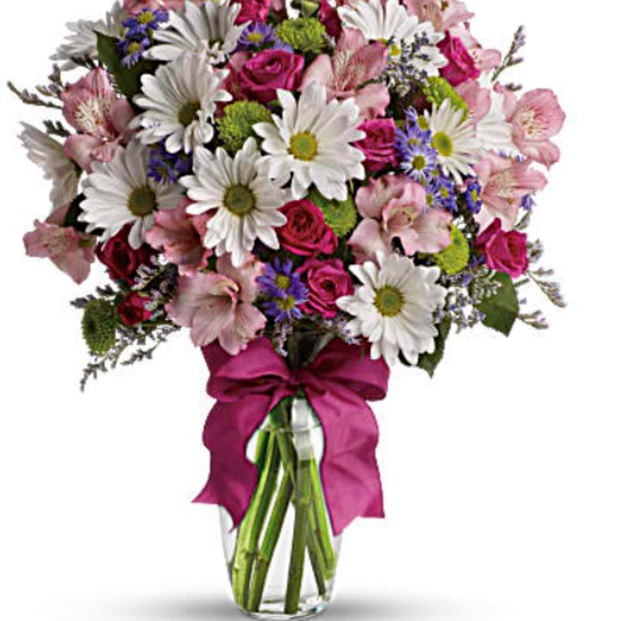 Bouquet of pink roses, white daisies, and alstroemeria in a glass vase