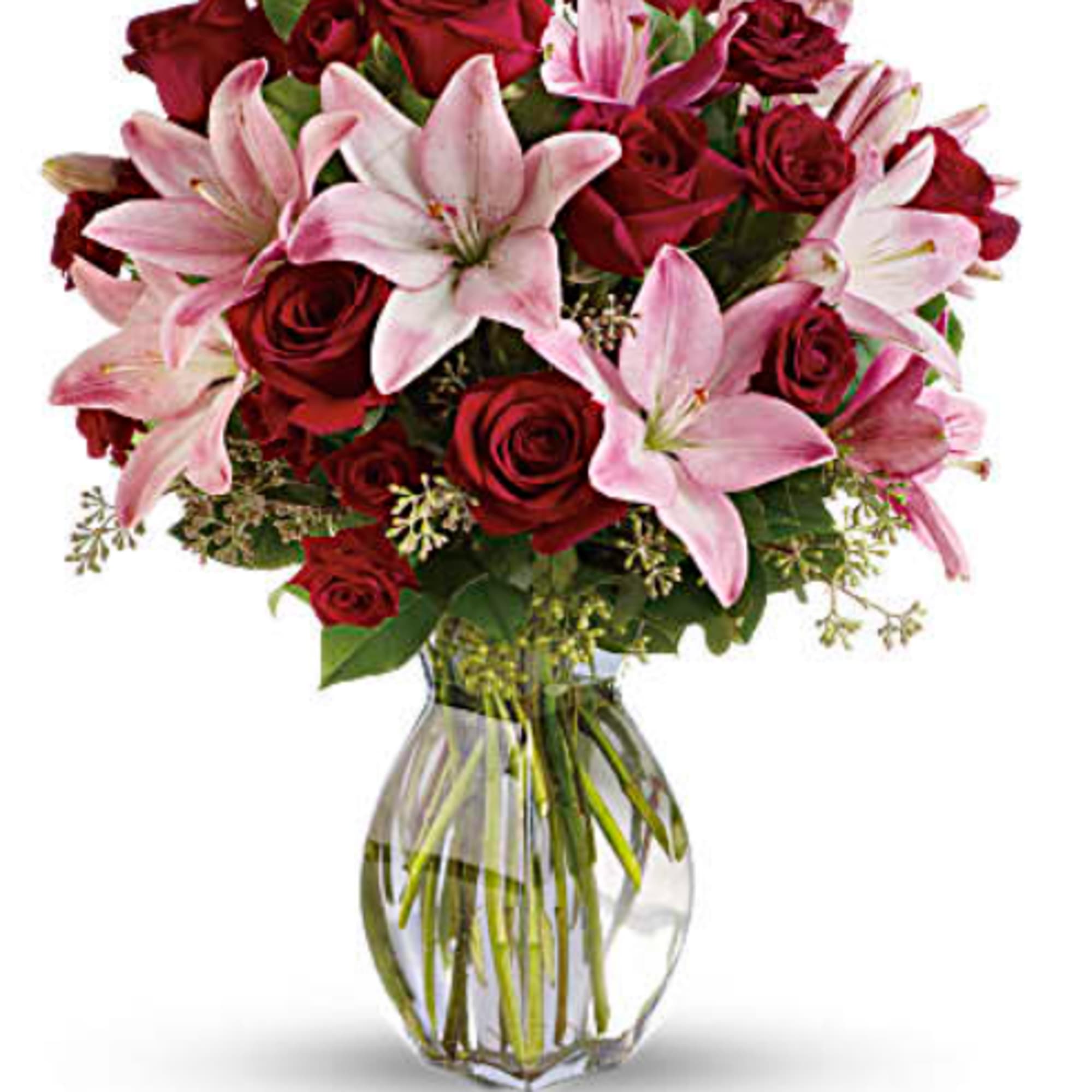 Lovely reds and pinks come together in this lavishly romantic anniversary gift.