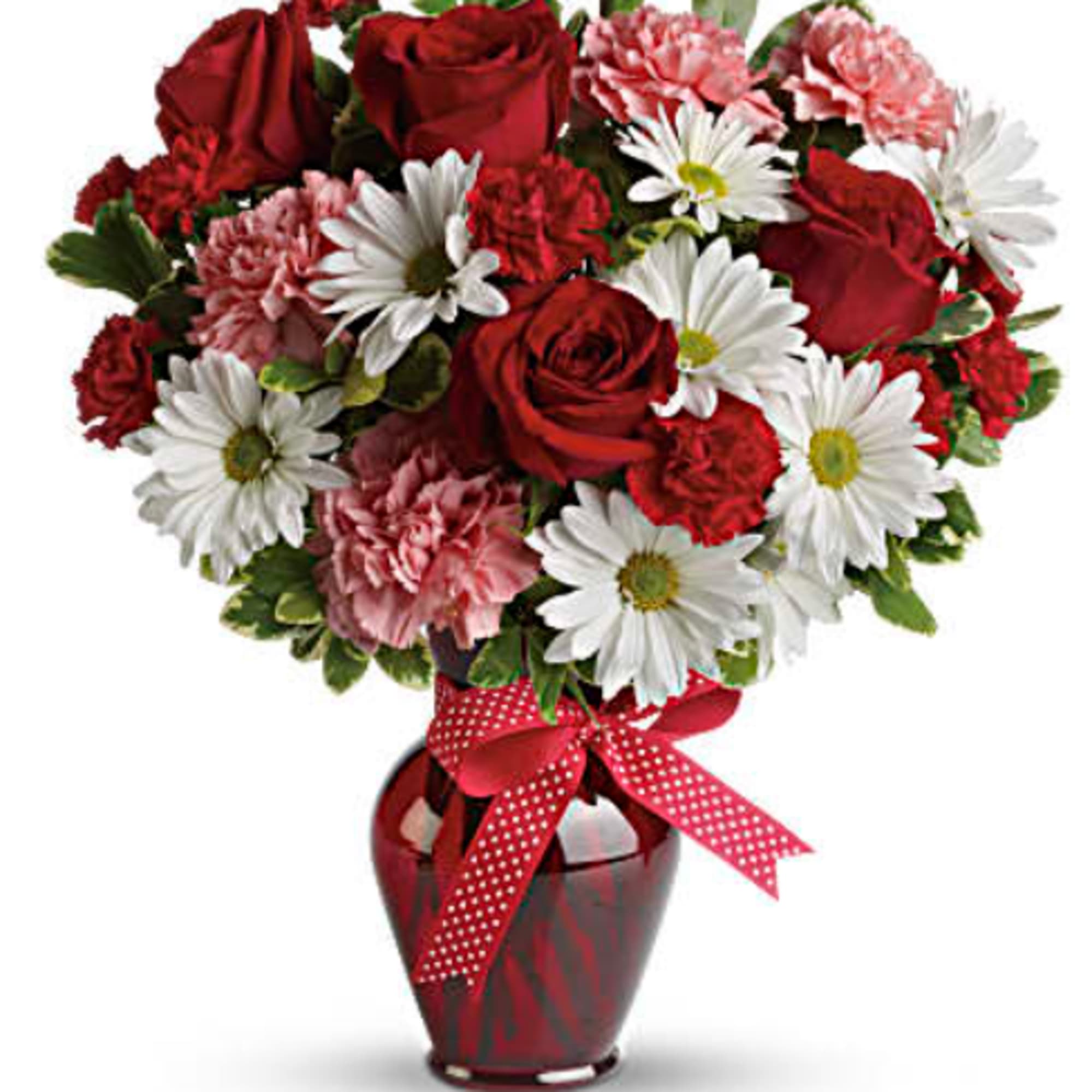 Red roses and pink carnations with white daisies in a red vase