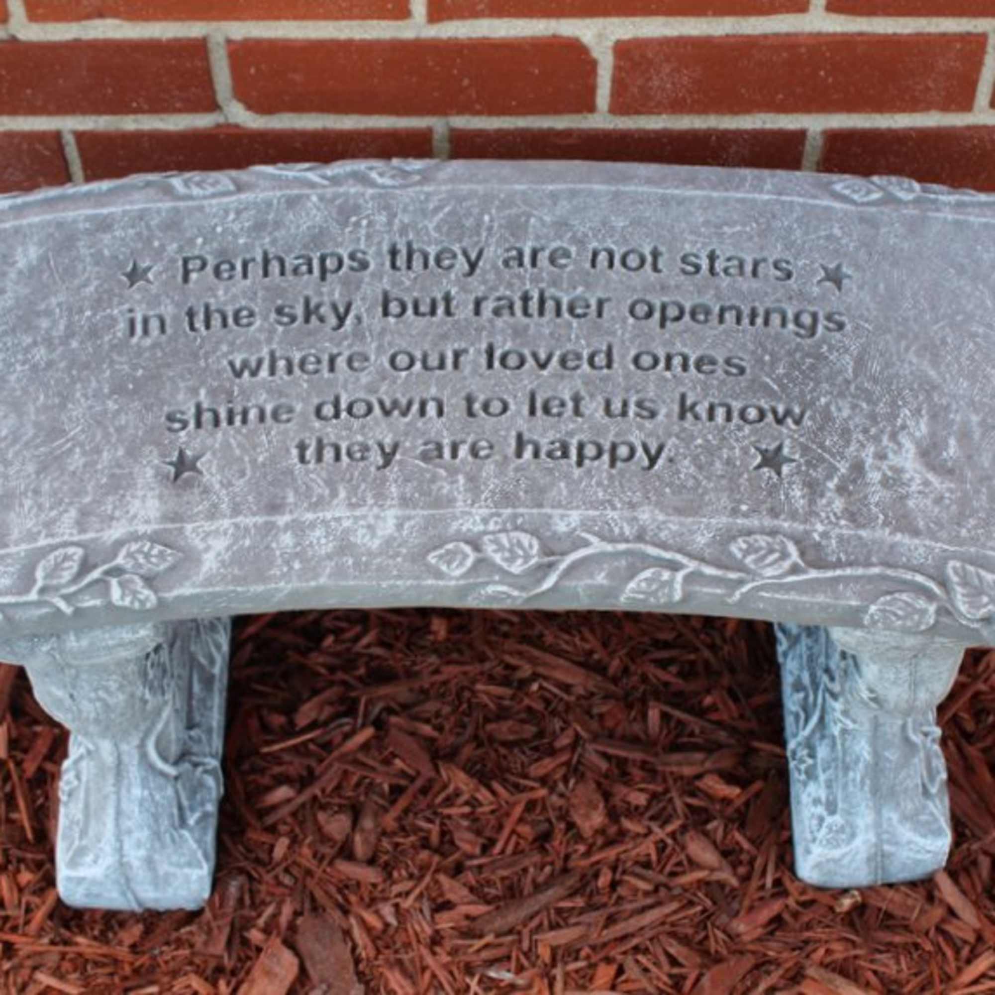 Stone color may vary based on availability. Bench reads: Perhaps they are