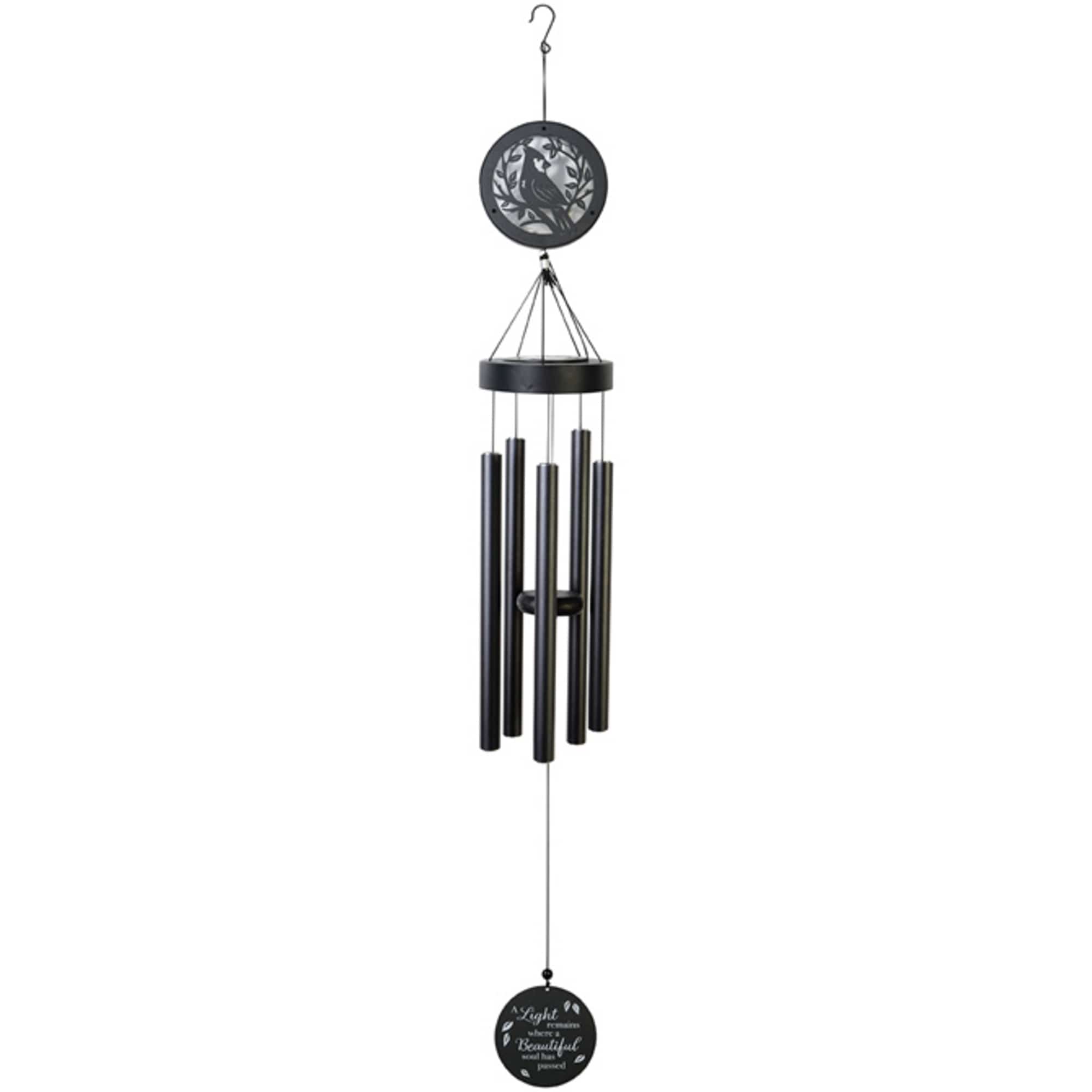 Black hanging wind chime with a bird cutout and round plaque