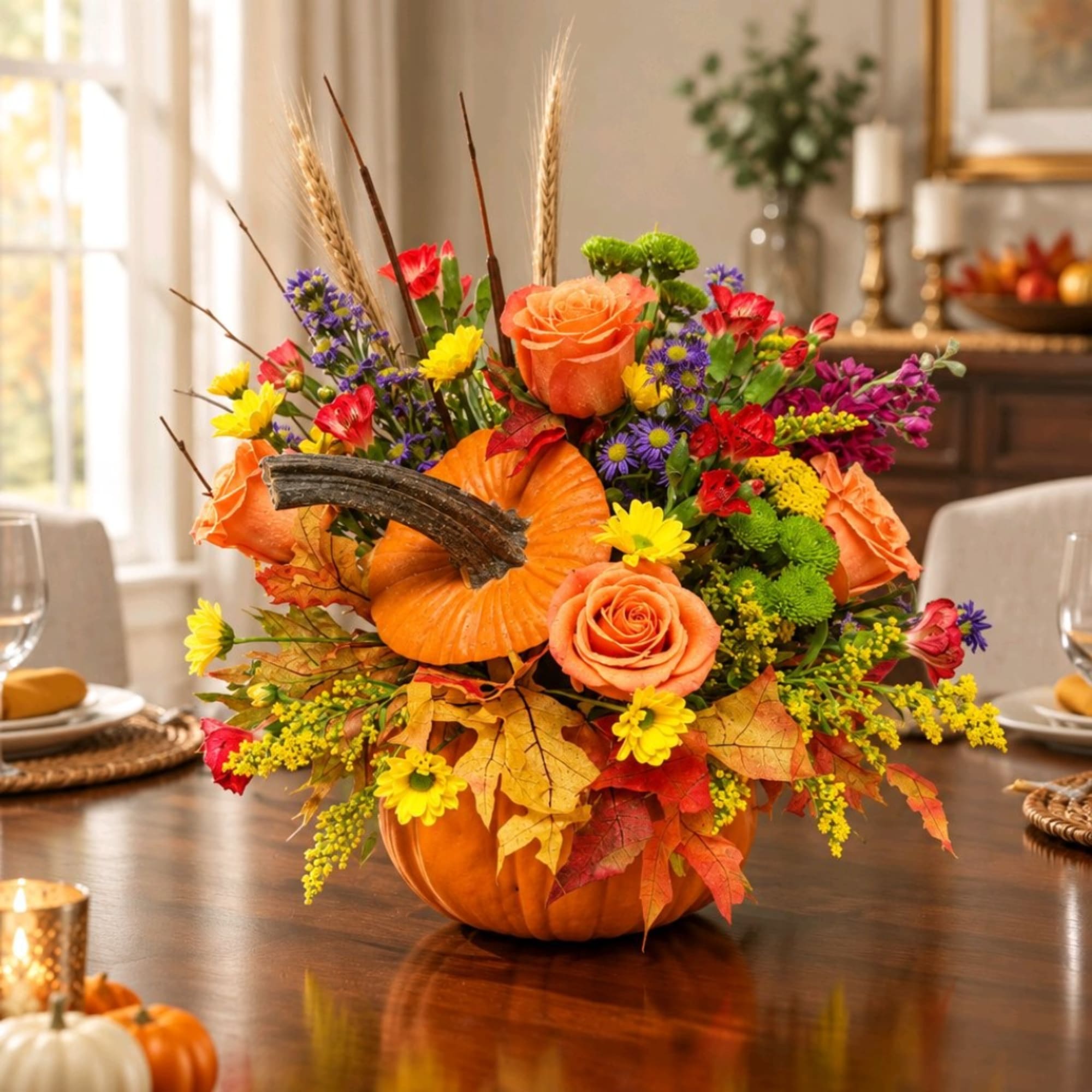 Pumpkin centerpiece with orange roses and mixed fall flowers