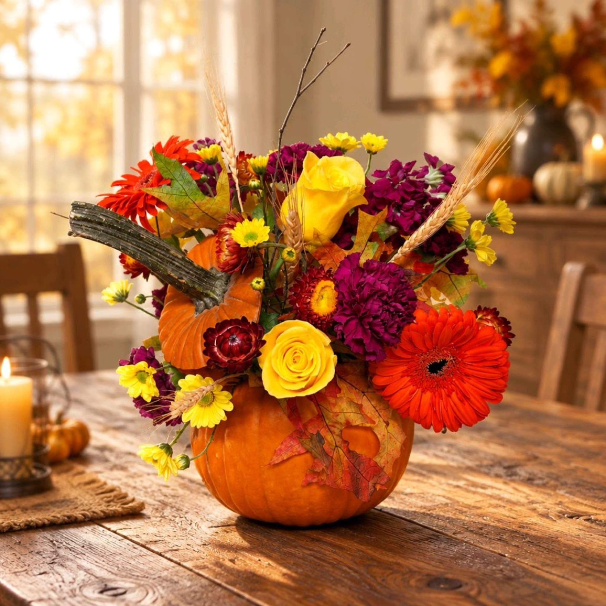 Fall floral arrangement in a pumpkin with yellow, orange, and purple blooms