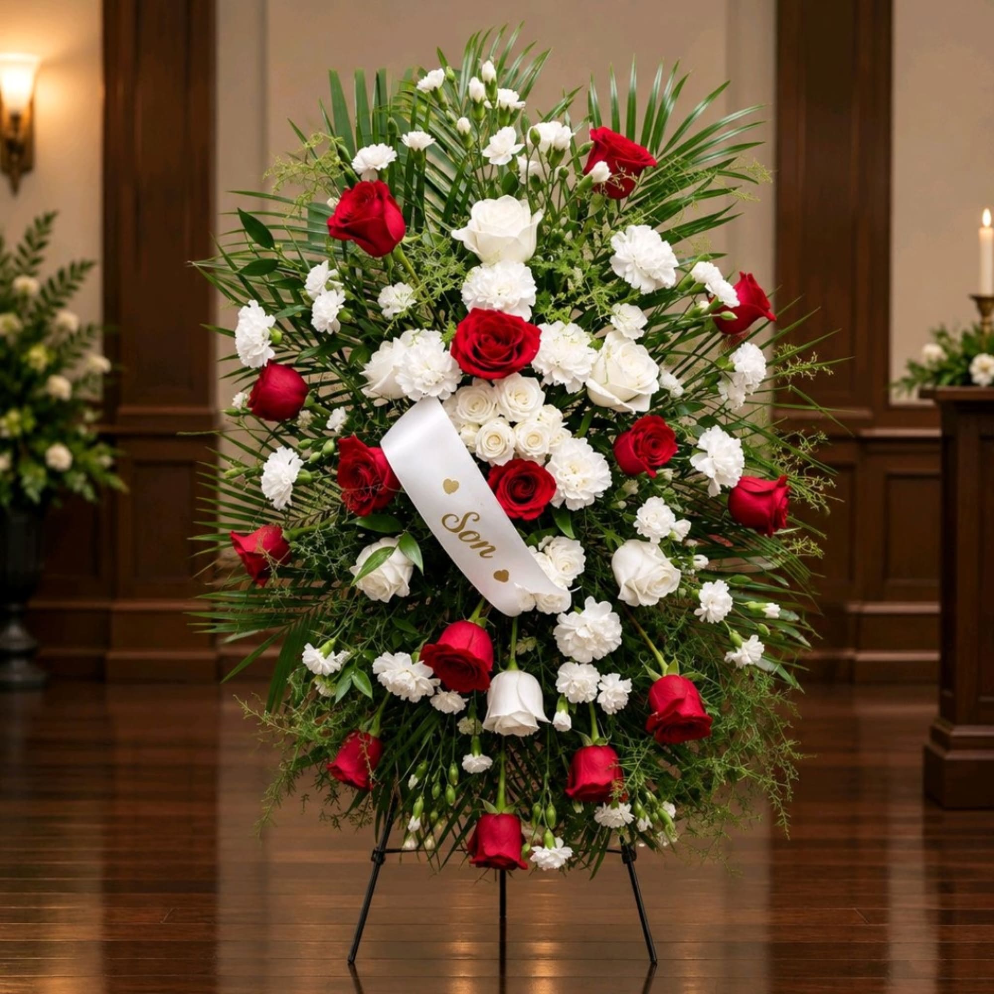 Standing floral spray of red and white roses with a memorial ribbon