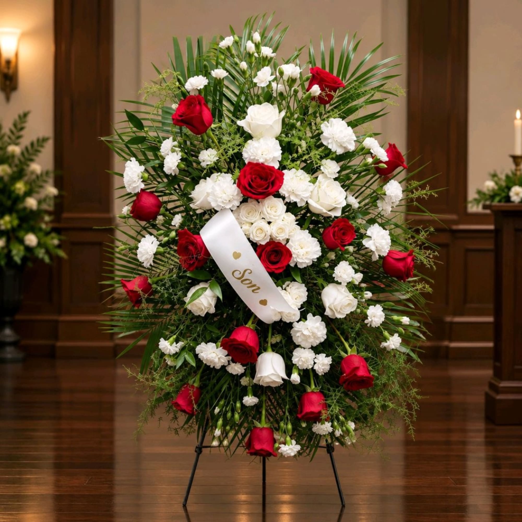 Standing floral spray with red and white roses and carnations on an easel
