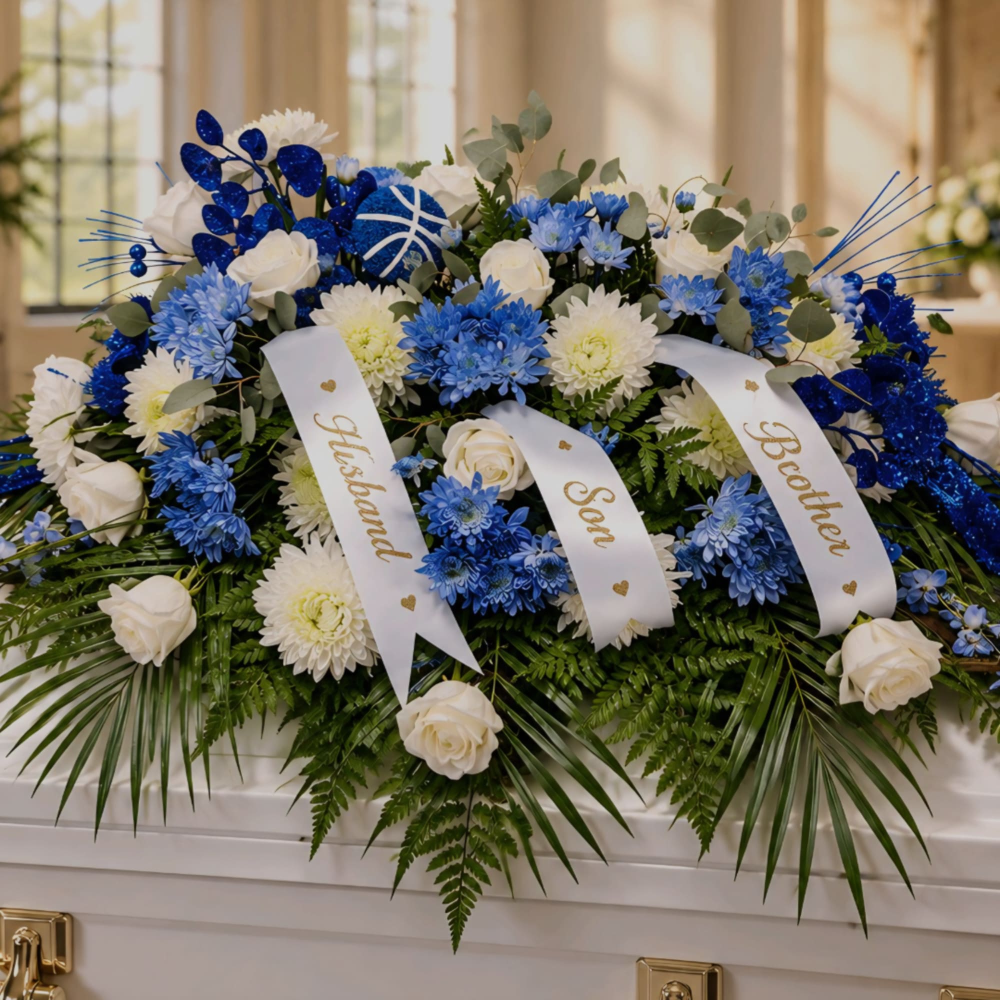 Blue and white funeral spray with roses and chrysanthemums on a casket