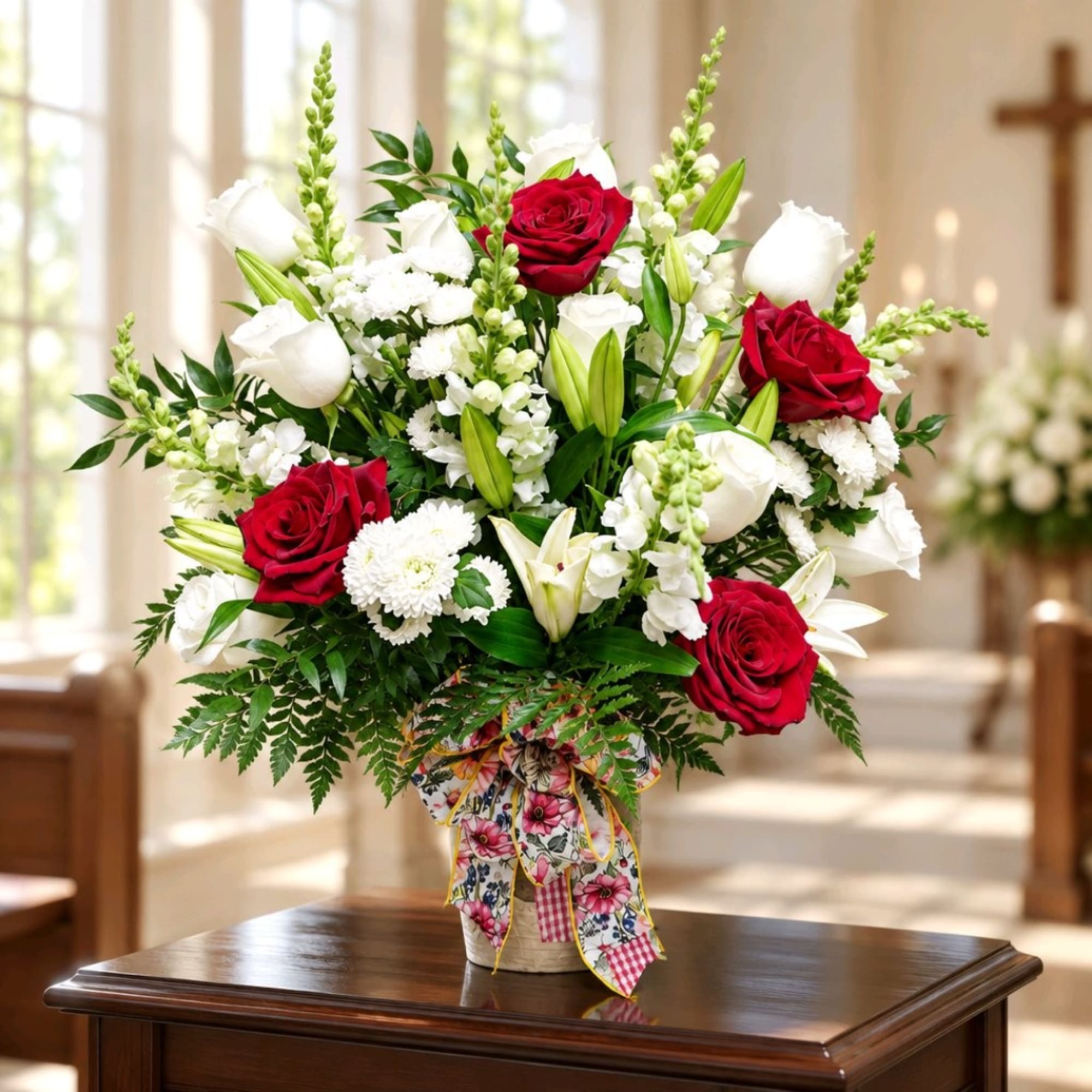 Red and white rose arrangement in a basket with lilies and white filler flowers