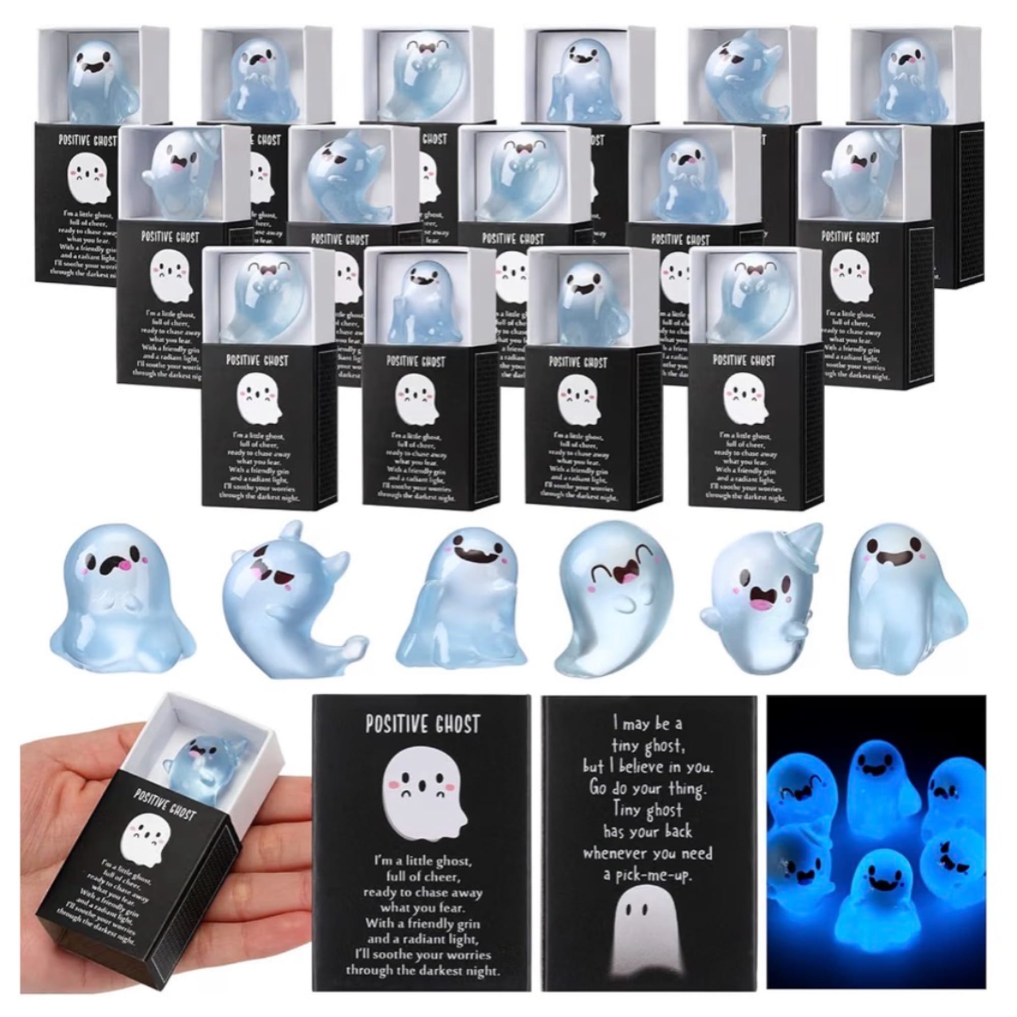 Boxed blue ghost figurines with smiling faces and glow-in-the-dark effect