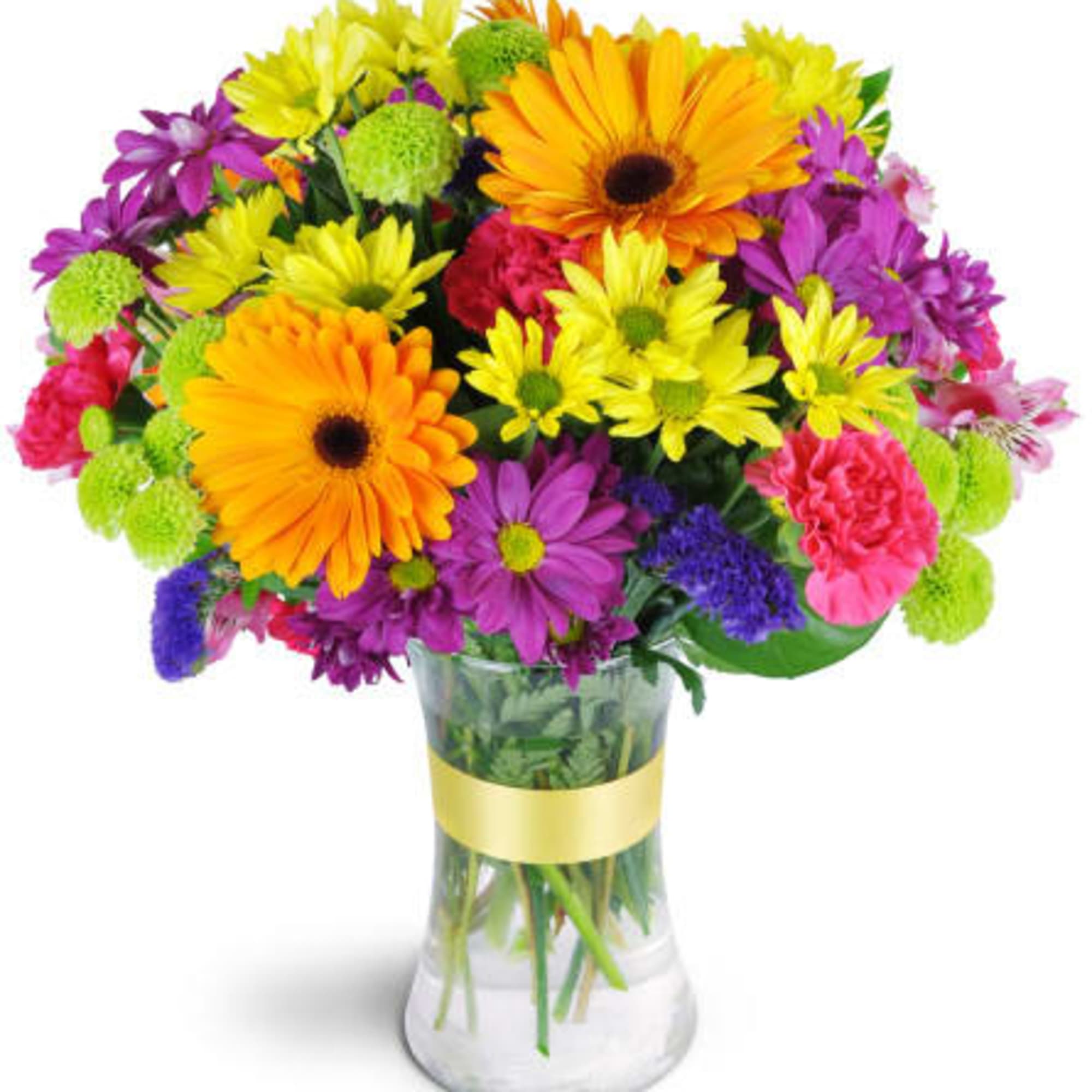 Colorful mixed bouquet in a clear glass vase with a gold ribbon