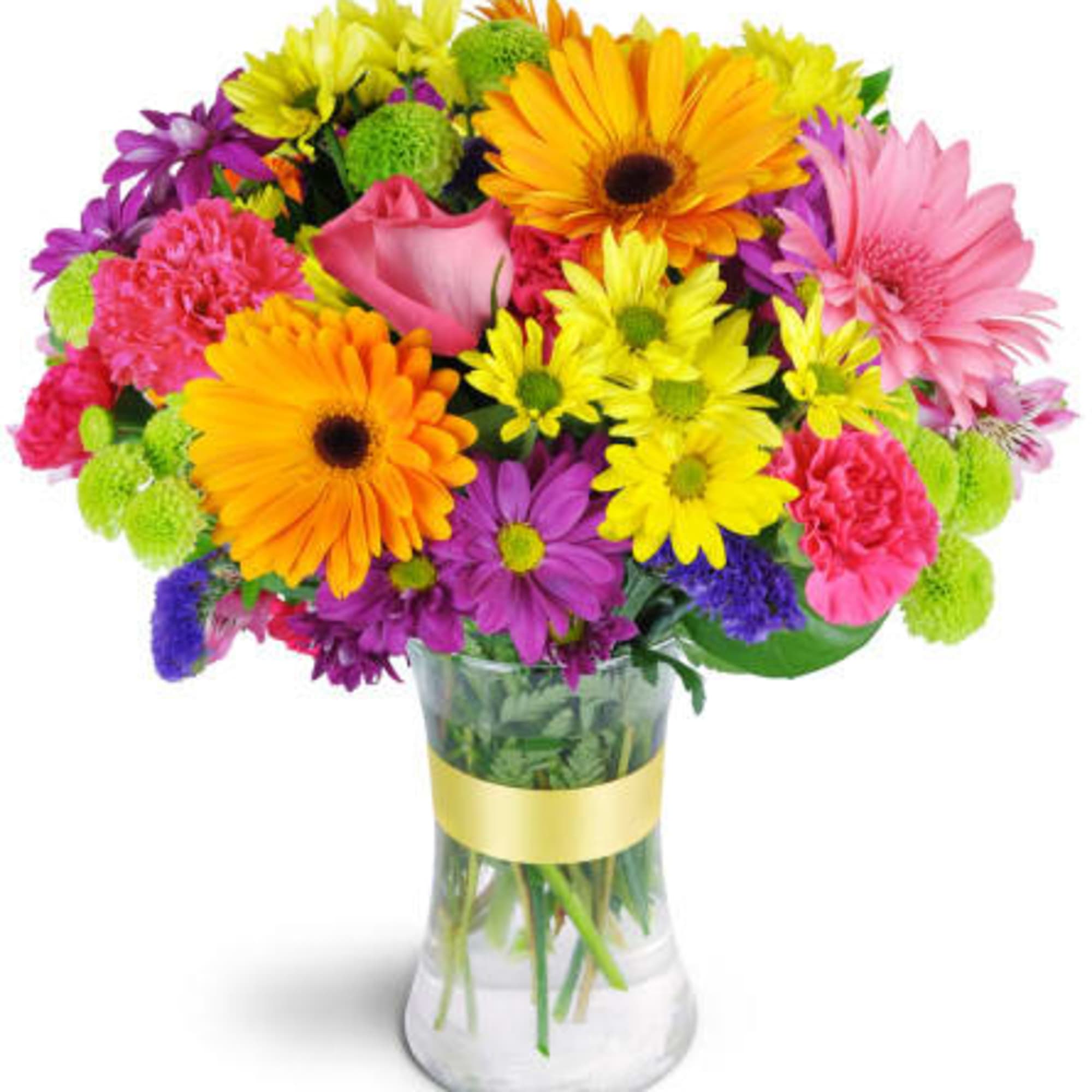 Colorful mixed bouquet in a clear glass vase with a yellow ribbon