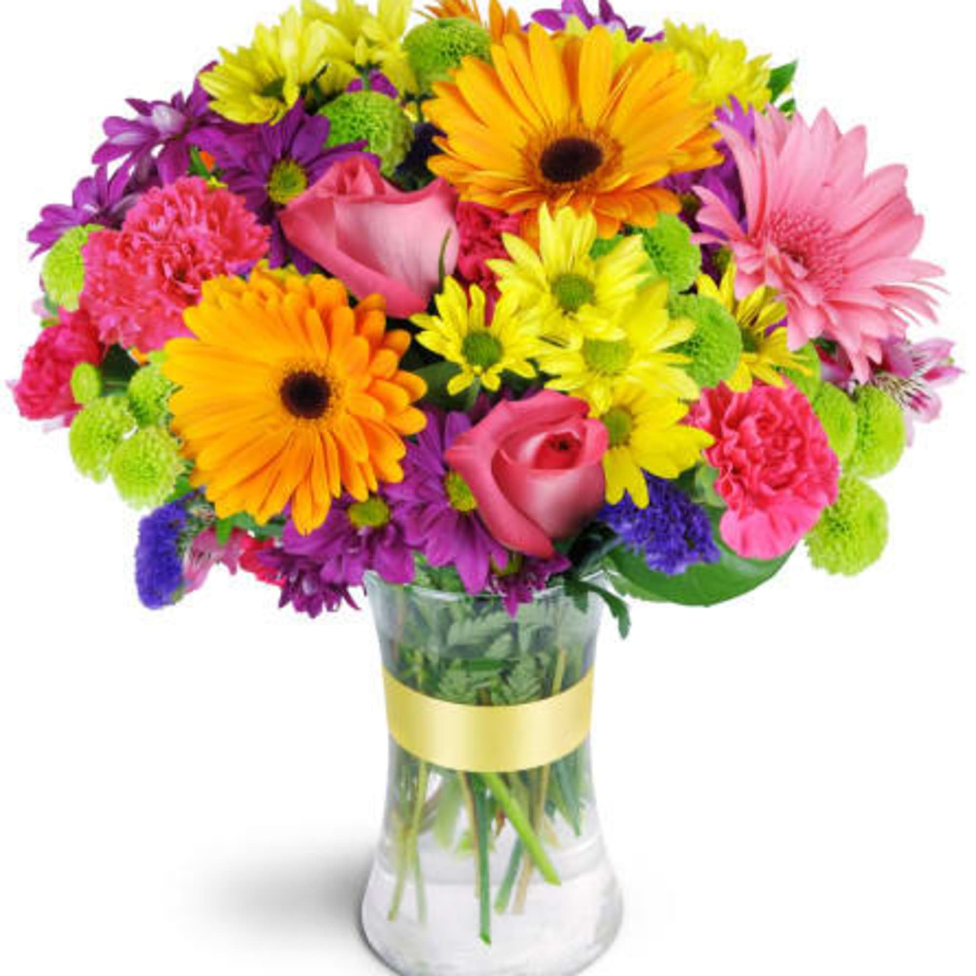 Colorful mixed bouquet in a clear glass vase with a yellow ribbon, photo 2 of 3