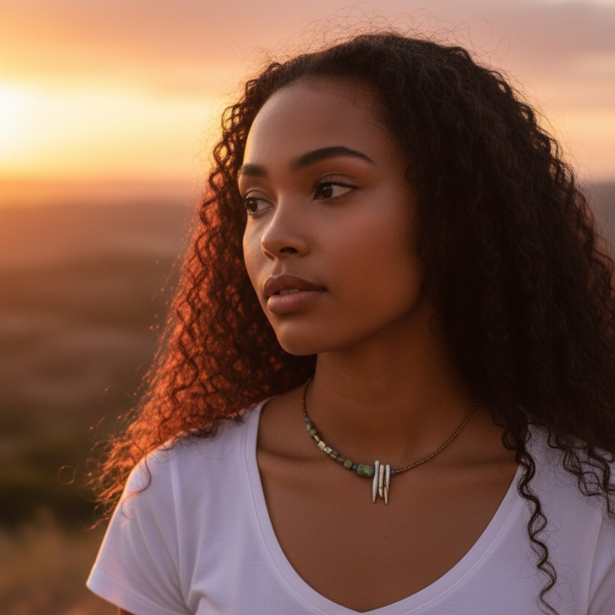 Portrait of a woman in a white shirt at sunset