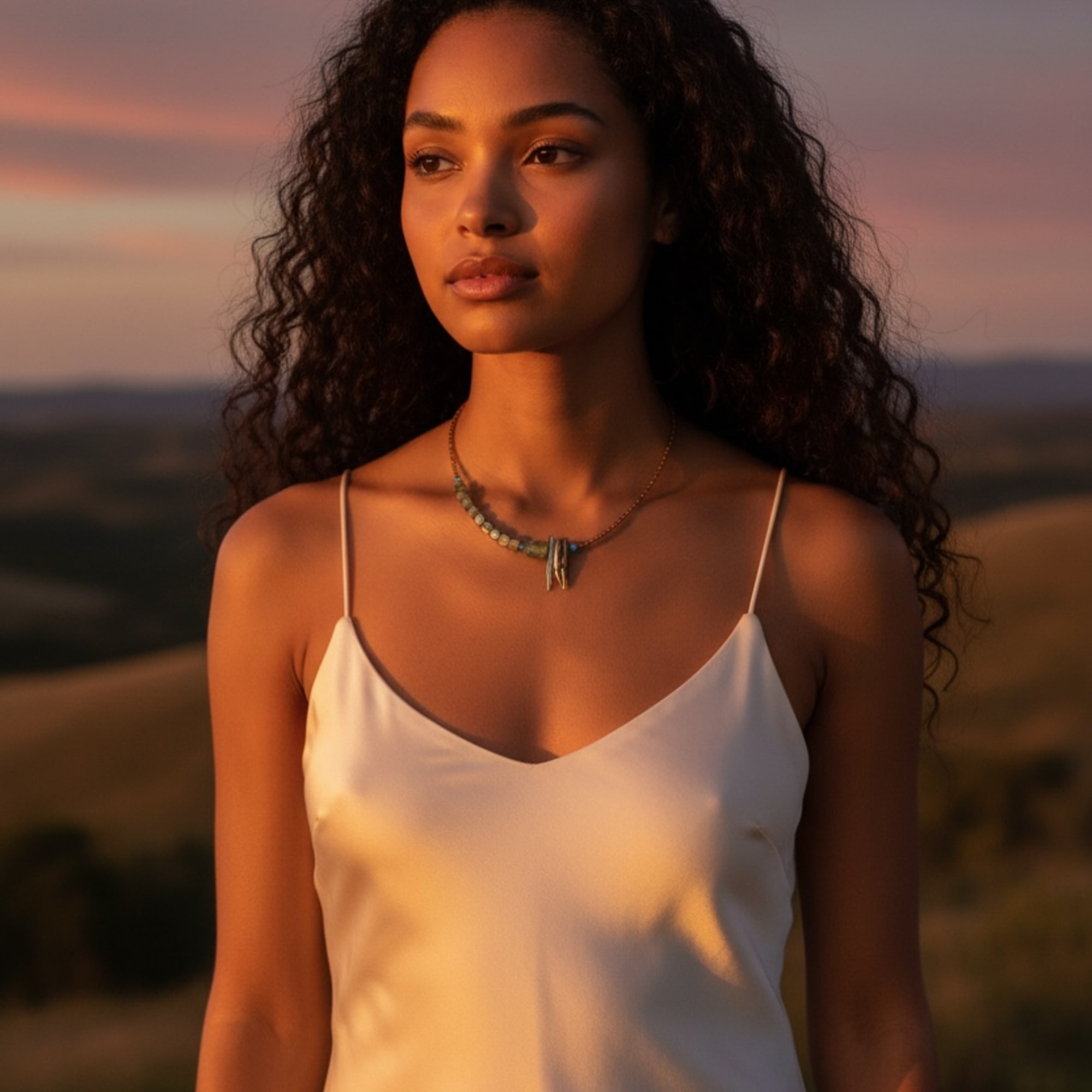 Woman in a cream slip dress standing outdoors at sunset
