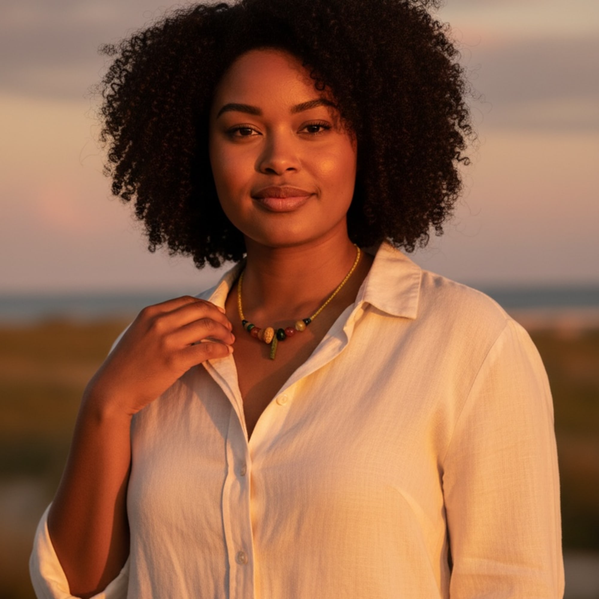 Portrait of a woman in a white shirt at sunset