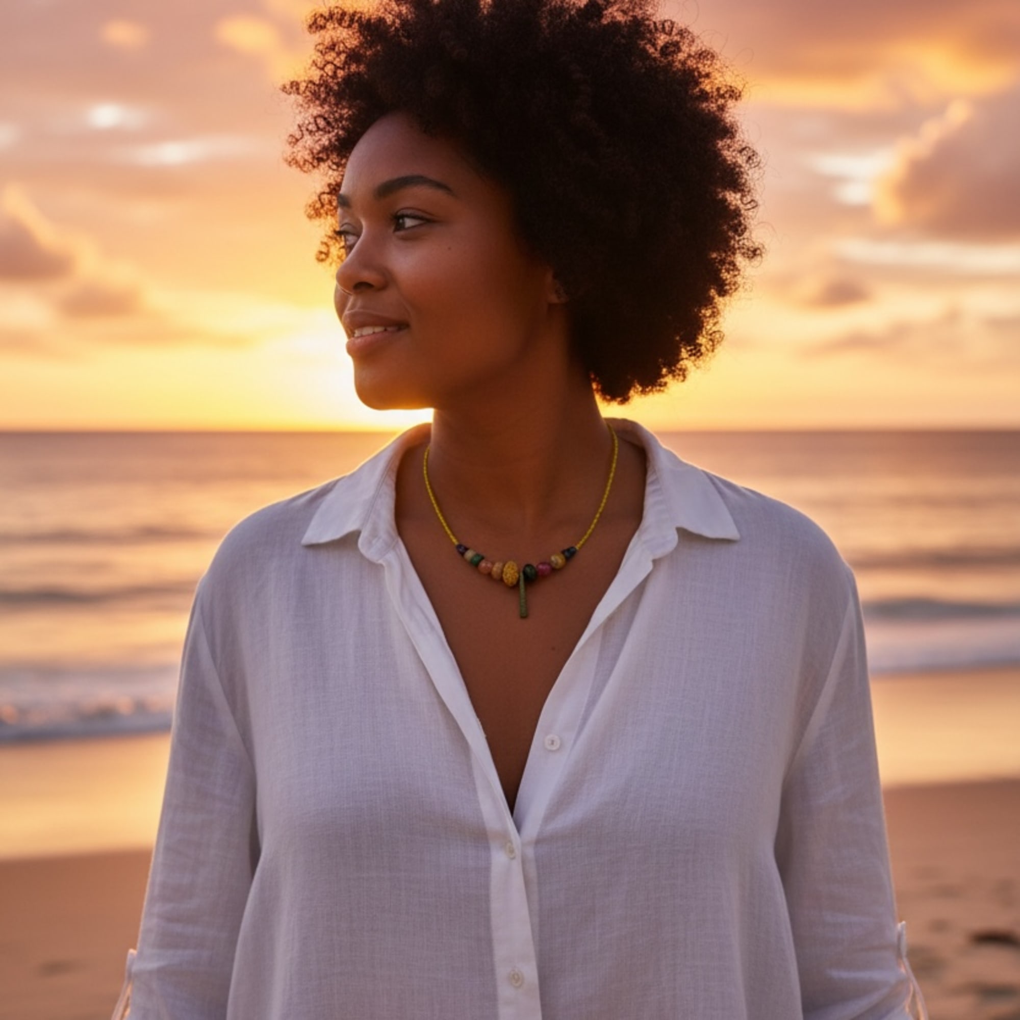 Woman in a white shirt standing on a beach at sunset