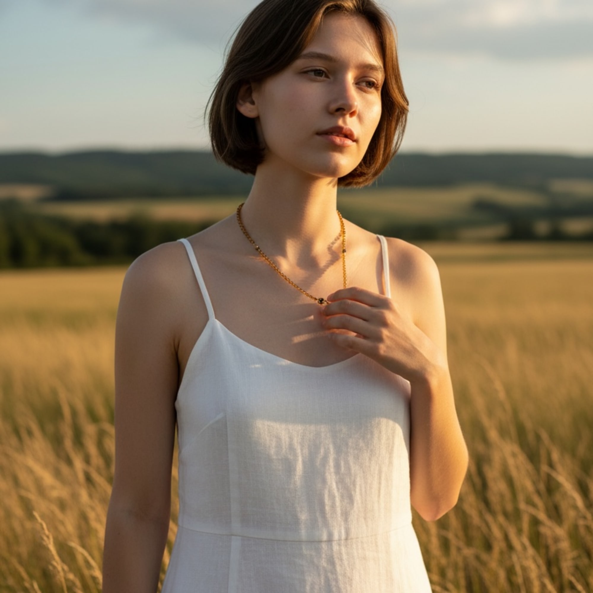 Woman in a white dress standing in a grassy field