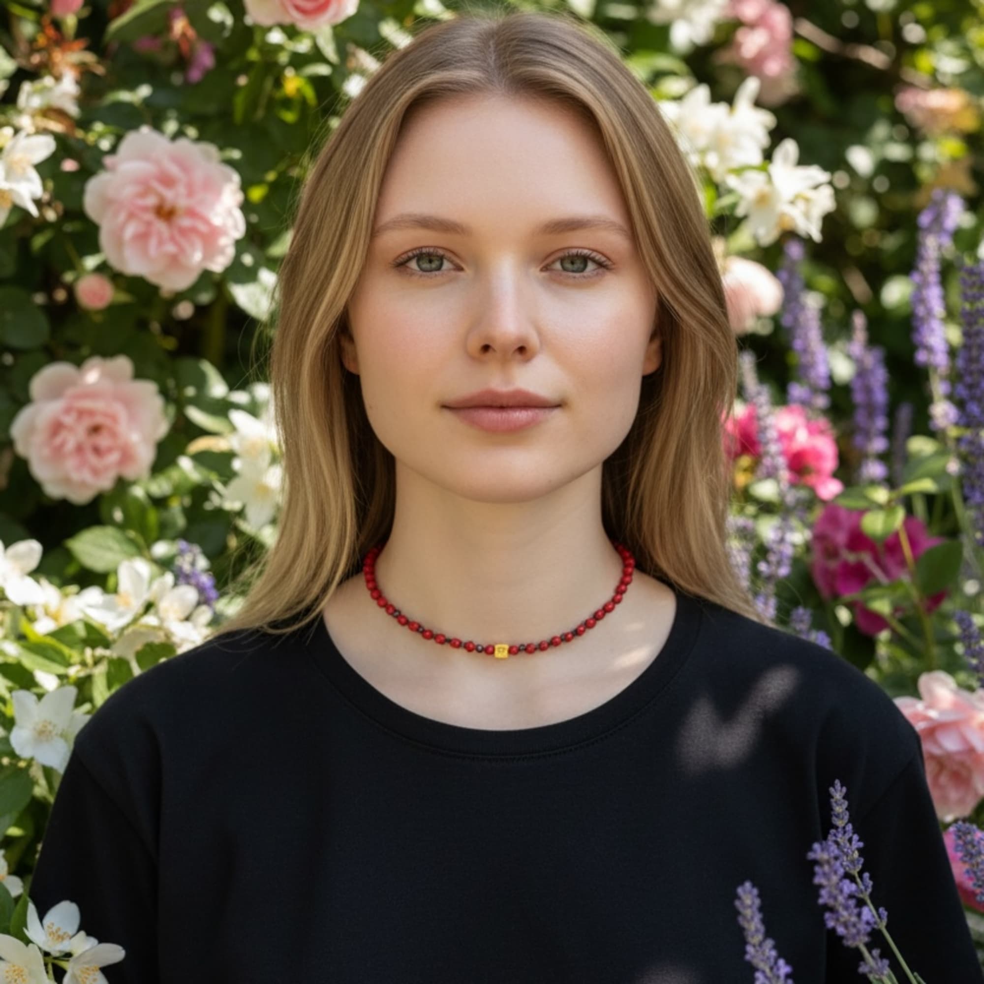 Woman standing before a floral wall with pink and white flowers