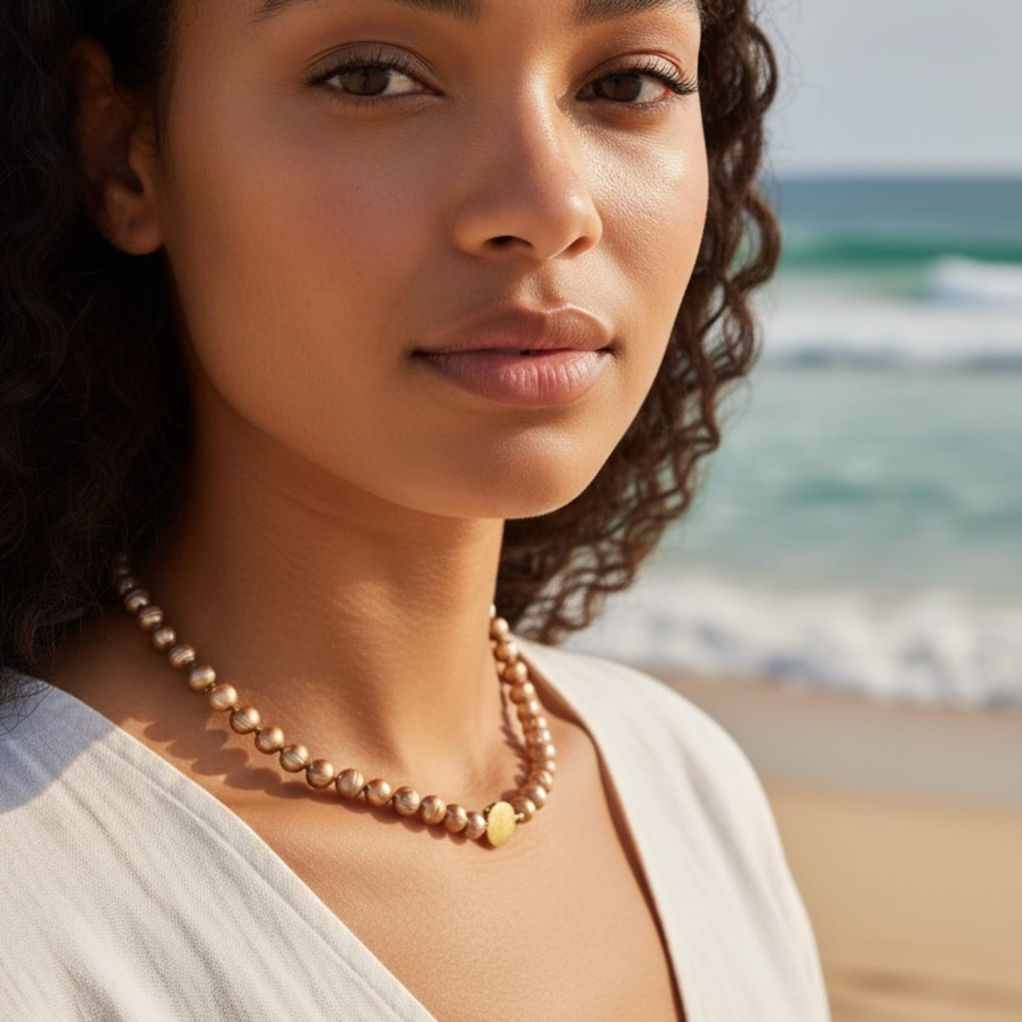 Portrait of a woman wearing a beaded necklace at the beach