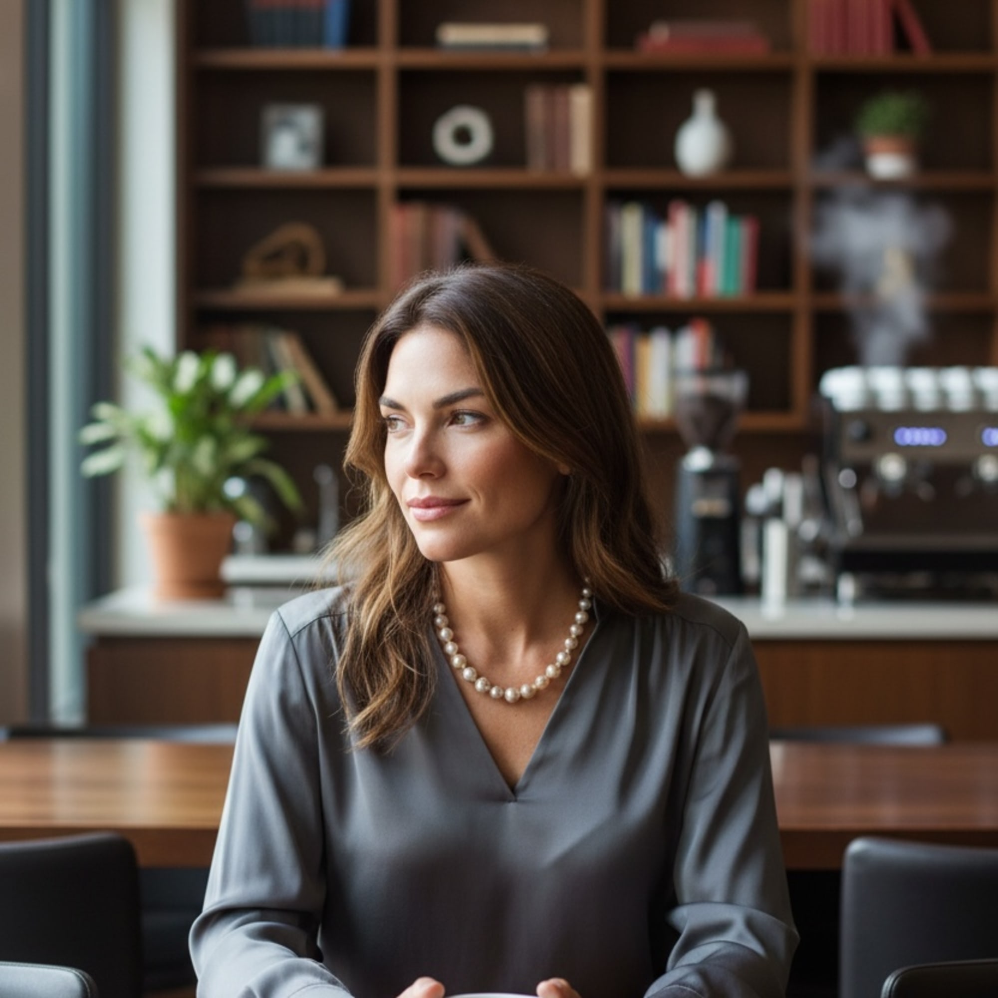 Woman seated at a table holding a white mug in a café