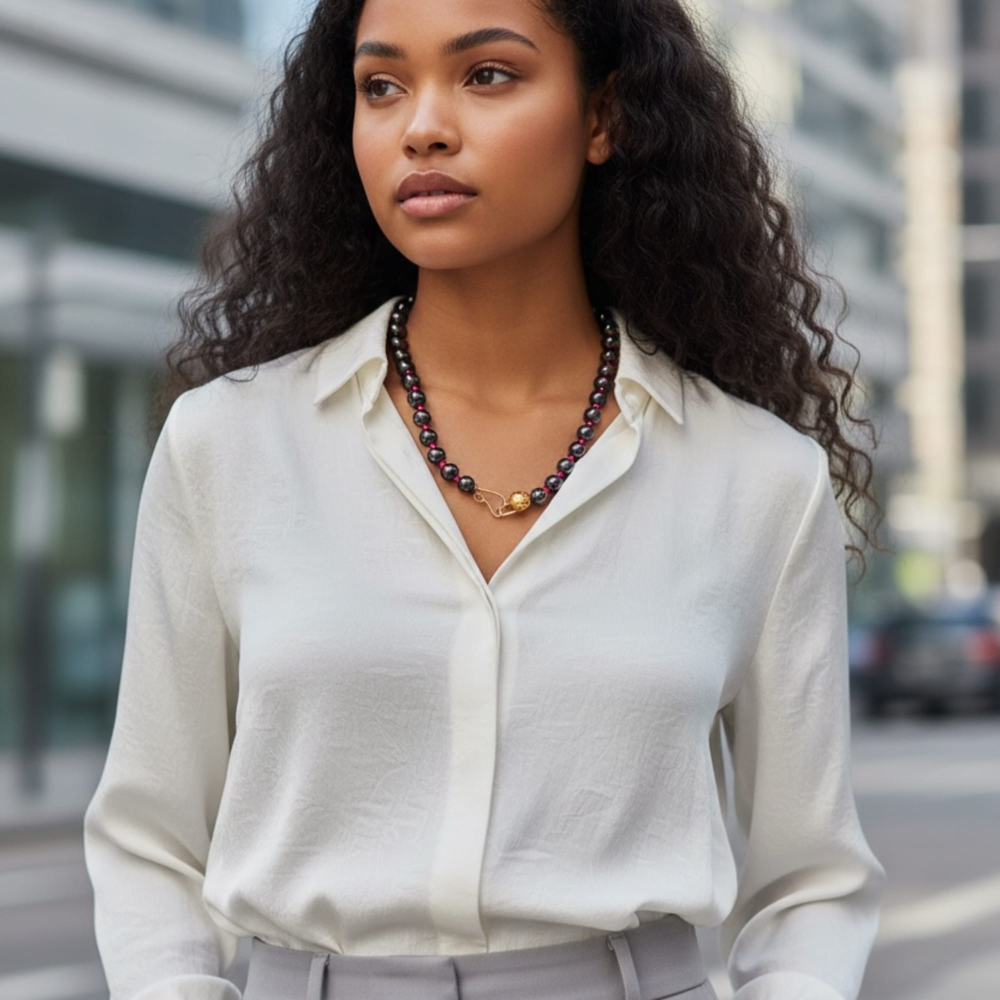 Portrait of a woman wearing a white blouse and necklace outdoors