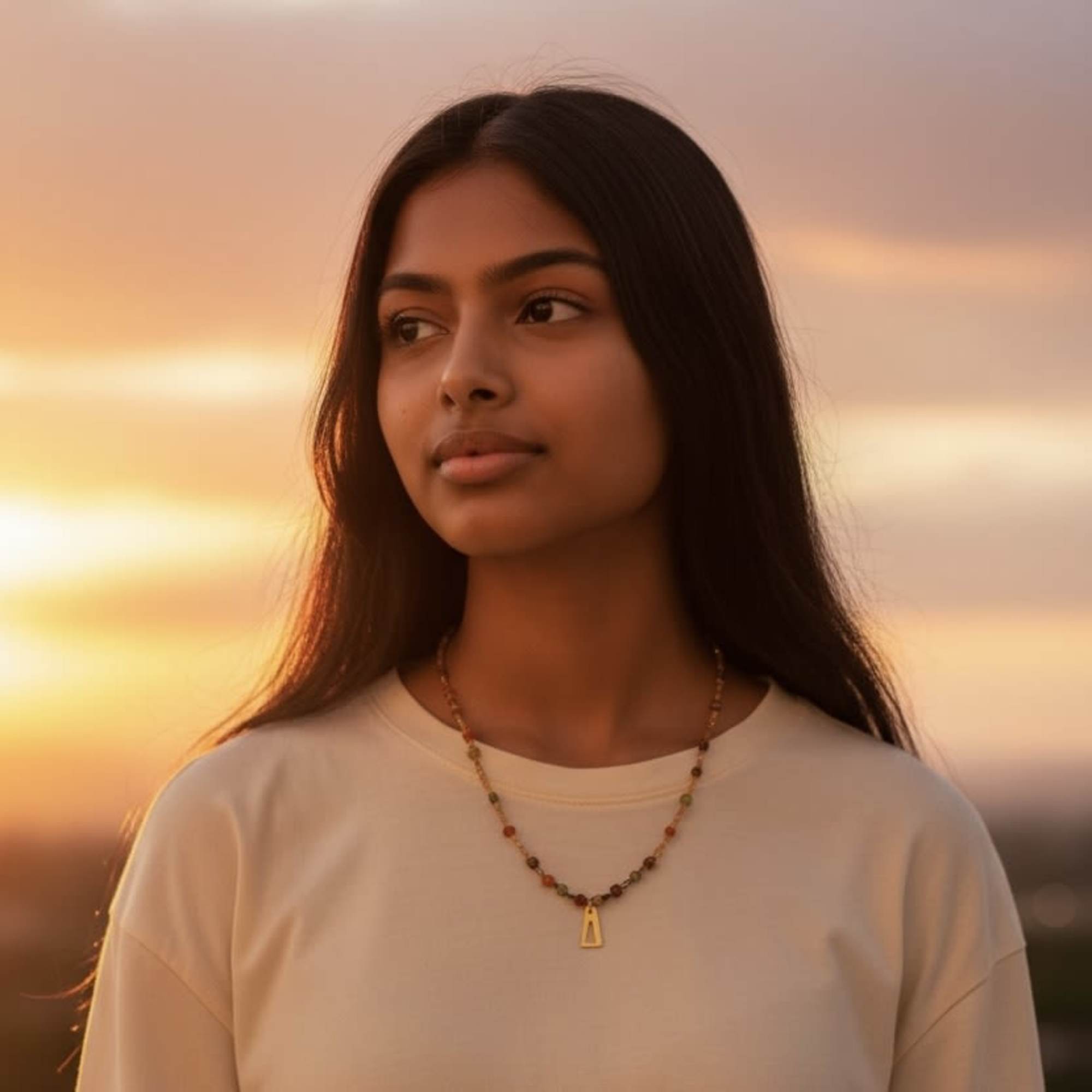 Portrait of a woman against a sunset sky