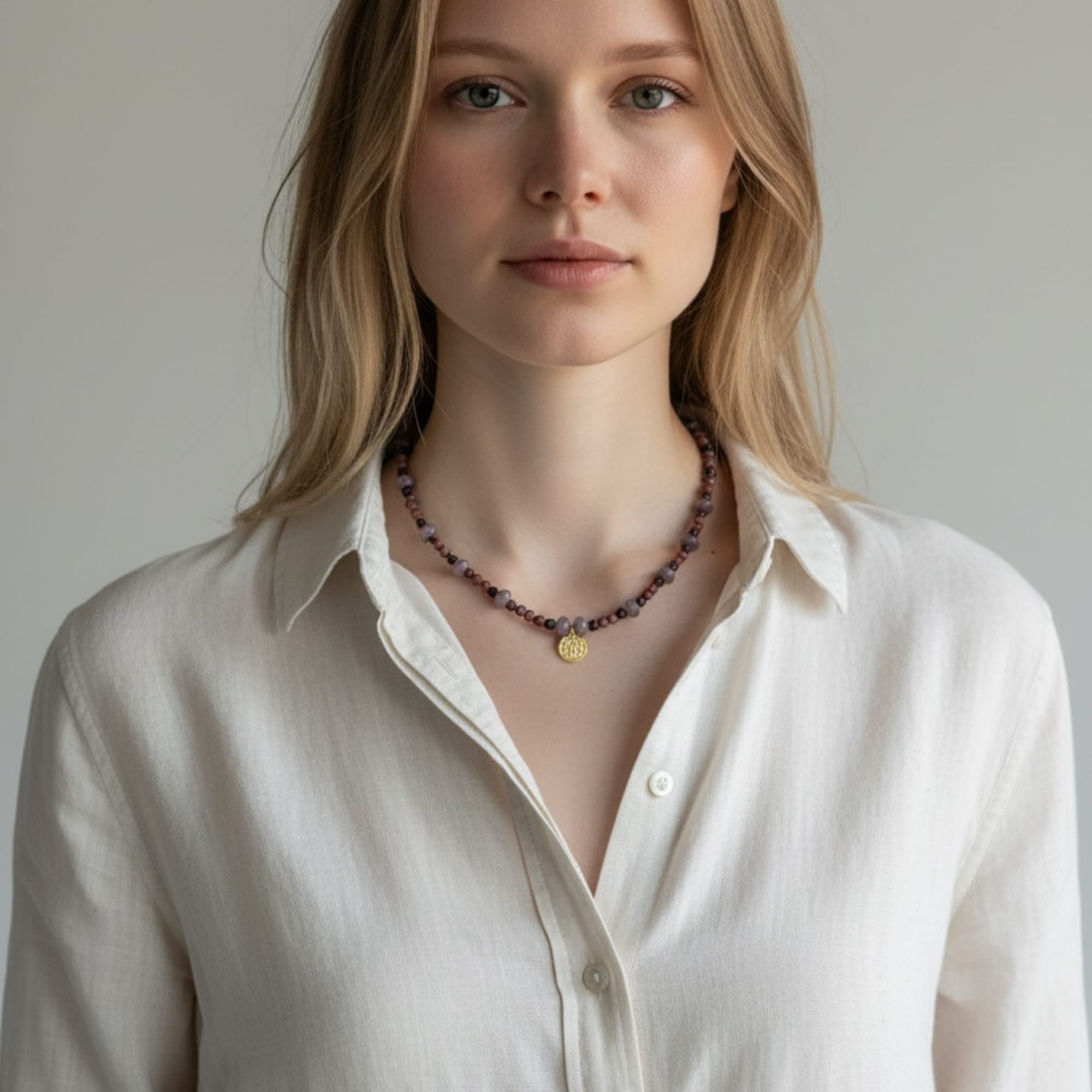 Portrait of a woman wearing a beaded necklace and white shirt