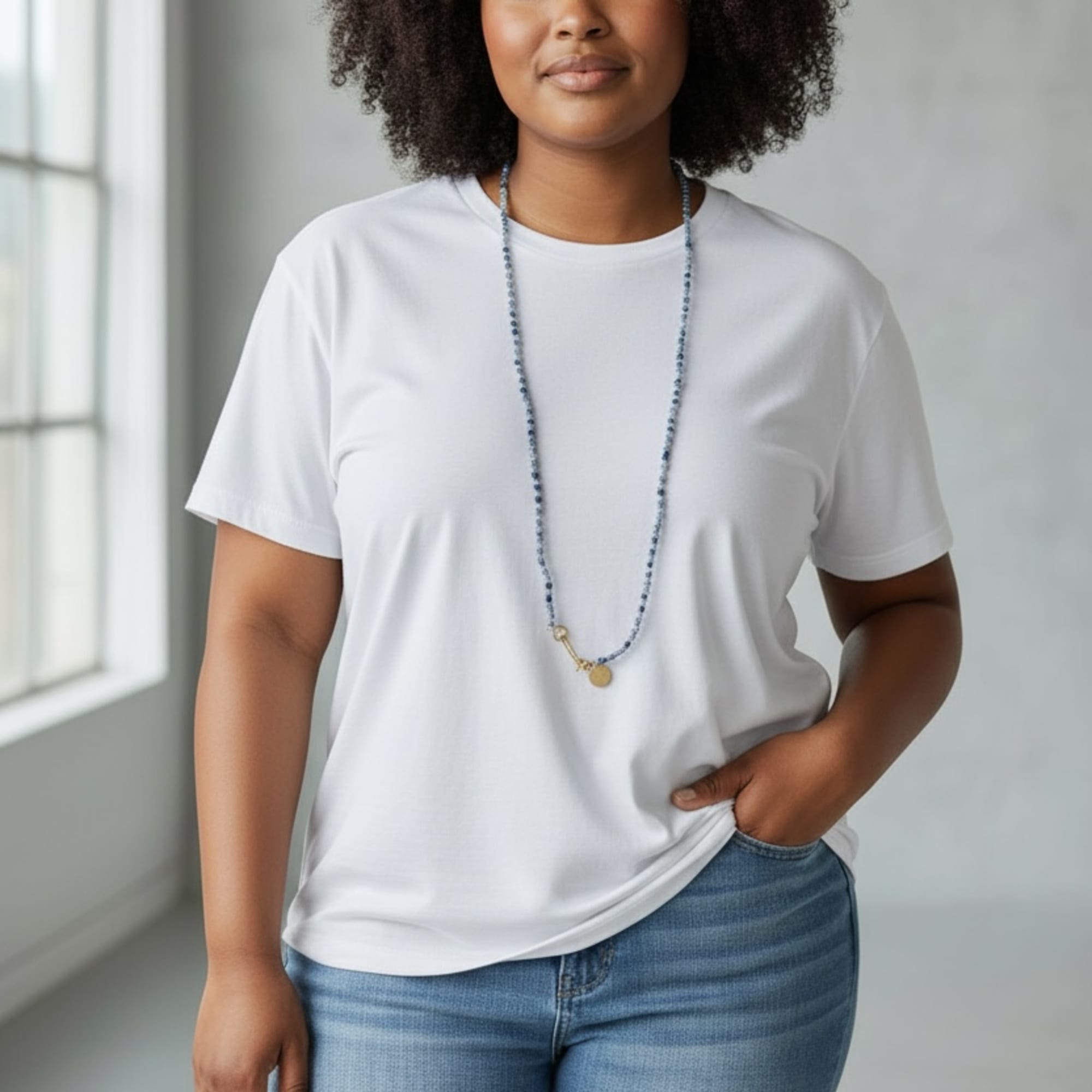 Woman wearing a white T-shirt, jeans, and a long beaded necklace