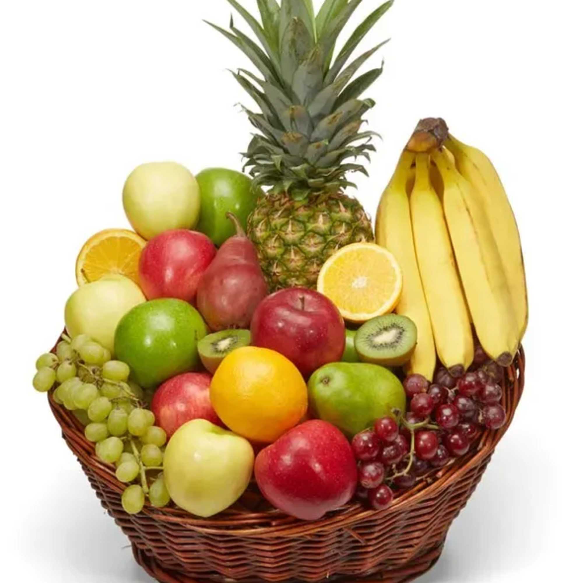 Fruit basket with pineapple, bananas, apples, grapes, oranges, and kiwi