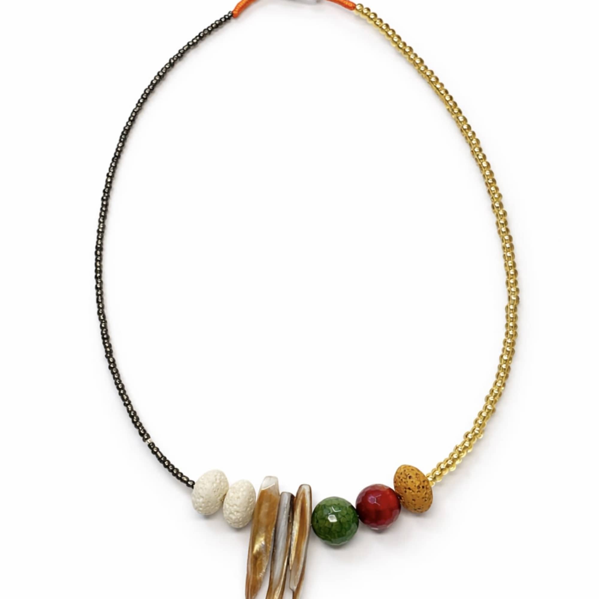 Beaded necklace with mixed-color beads and gold-toned accents