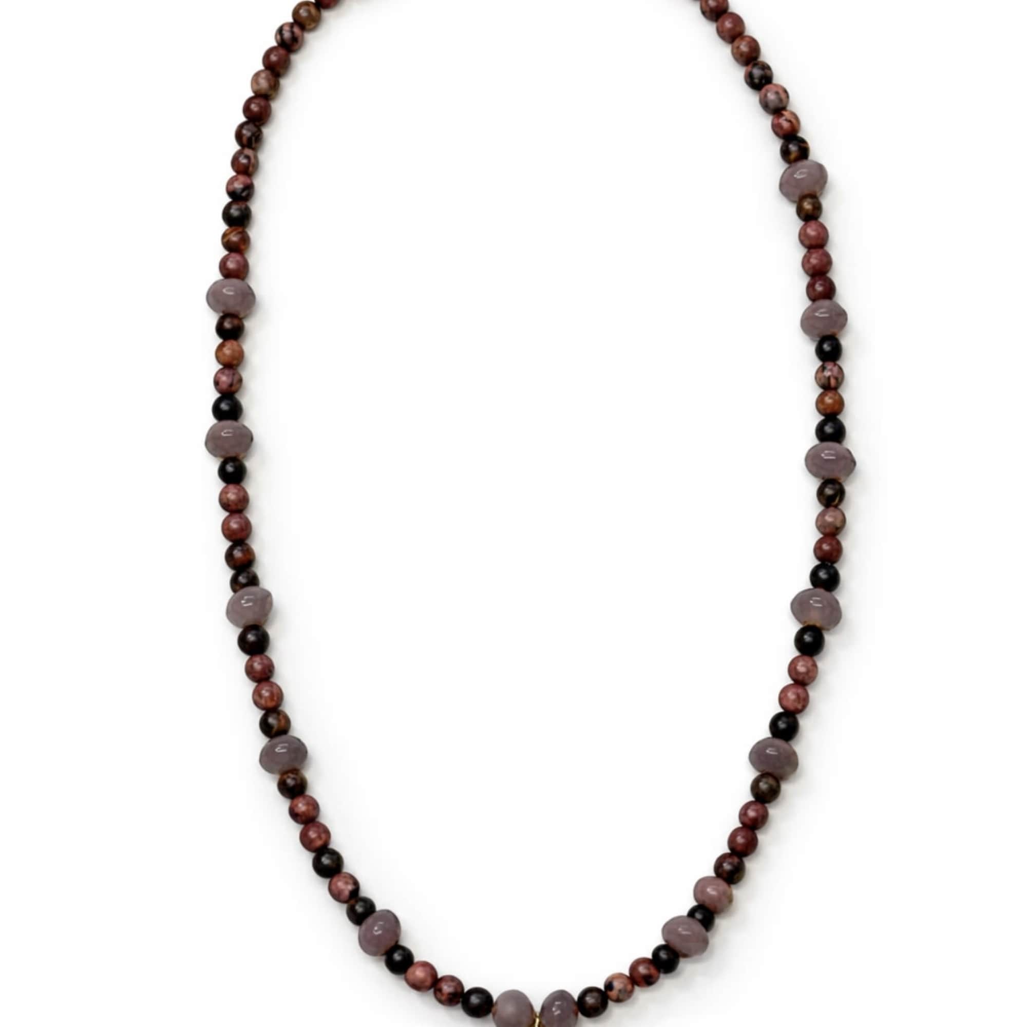 Beaded necklace with brown and gray beads and gold pendants