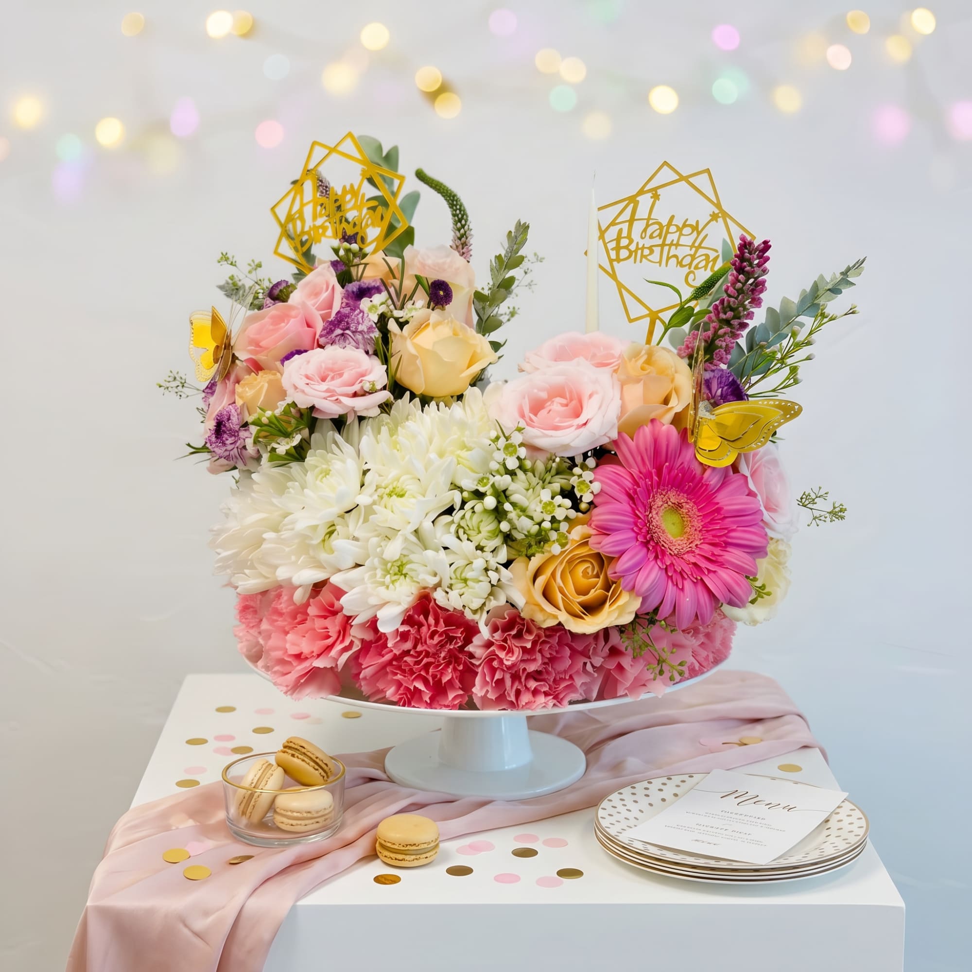 Pastel bands of pale pink carnations, blush roses, and creamy white chrysanthemums, photo 4 of 4
