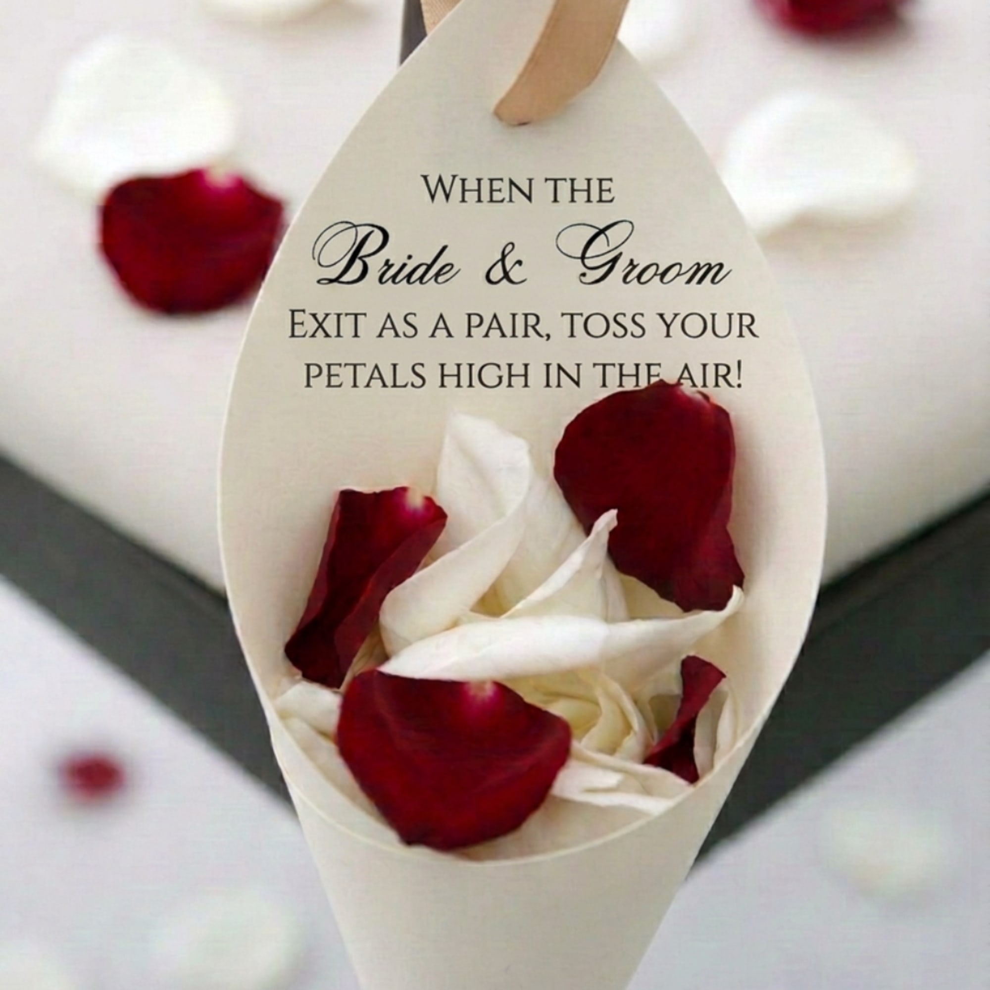 Wedding petal cone with red and white rose petals