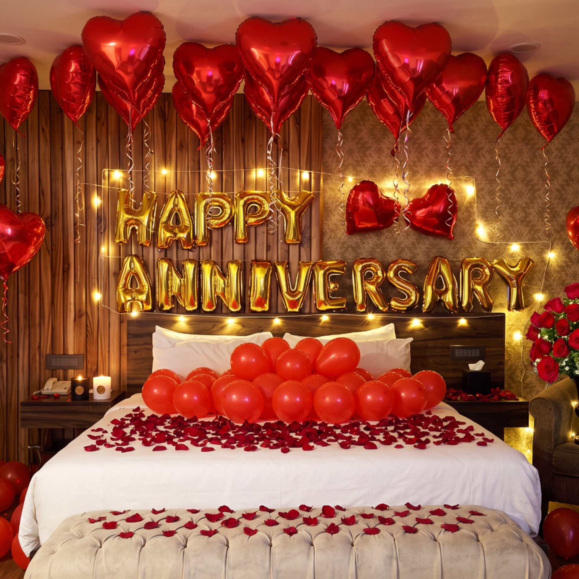 Red heart balloons and gold anniversary balloons decorate a bed with rose petals.