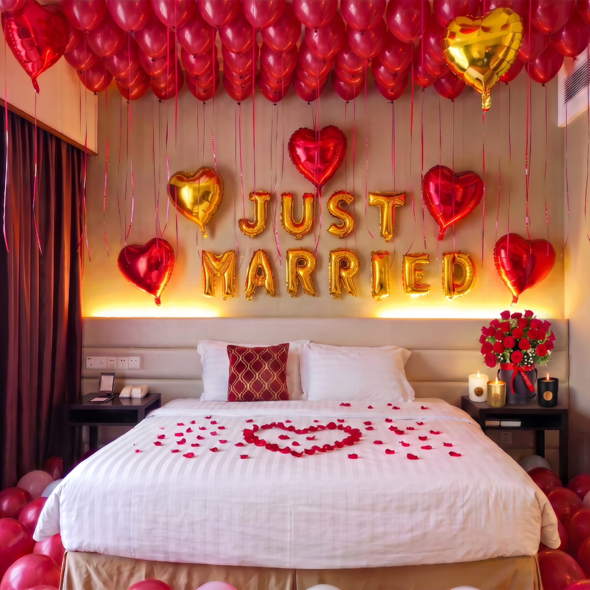 Romantic bedroom setup with heart balloons, rose petals, and a rose bouquet