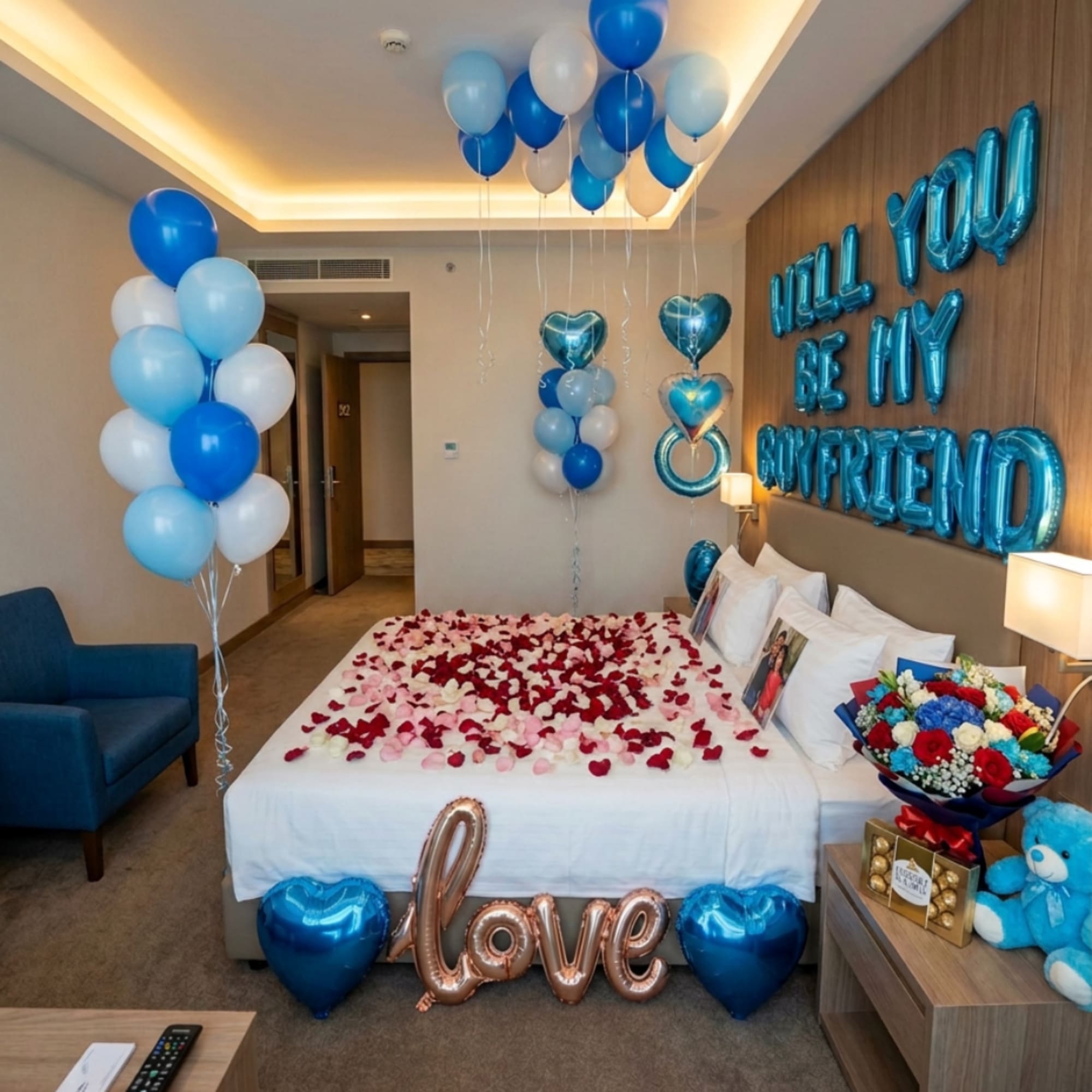 Romantic hotel room decorated with blue balloons, rose petals, and a flower bouquet