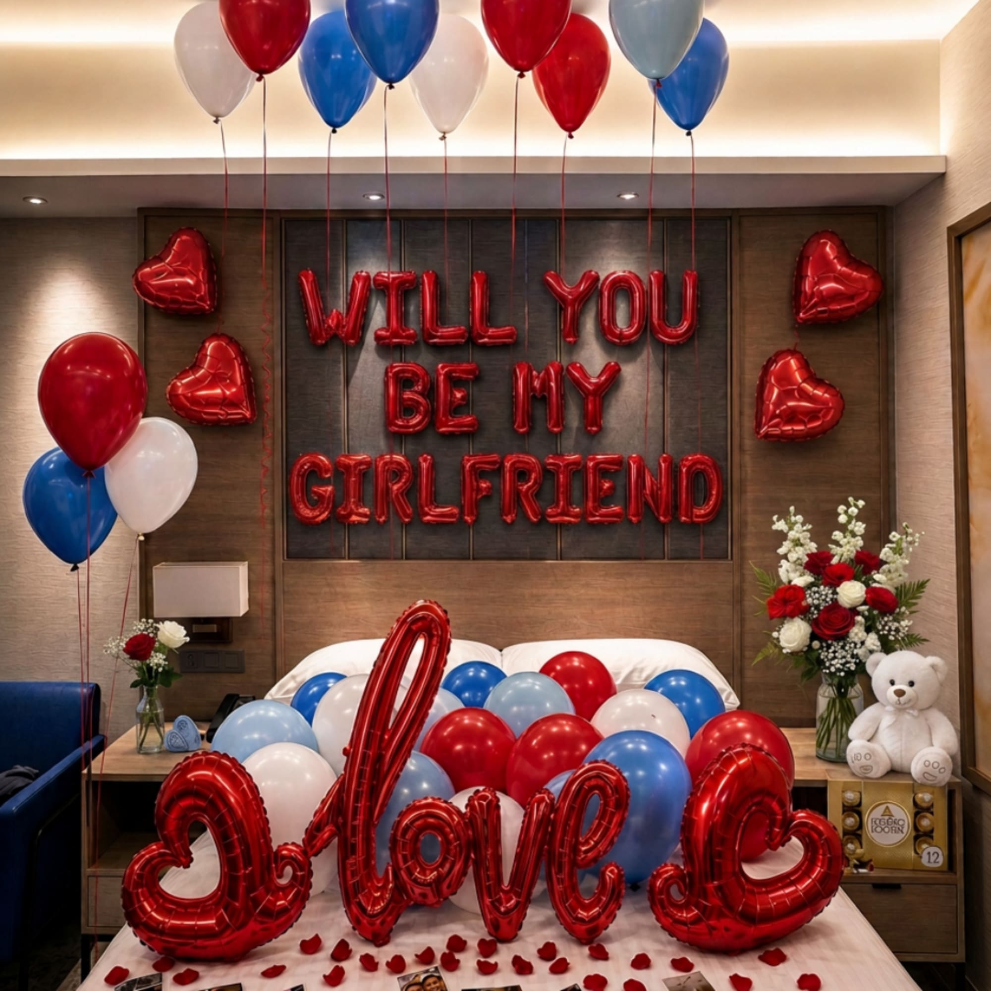 Red heart balloons and a "Will You Be My Girlfriend" balloon display with a teddy bear