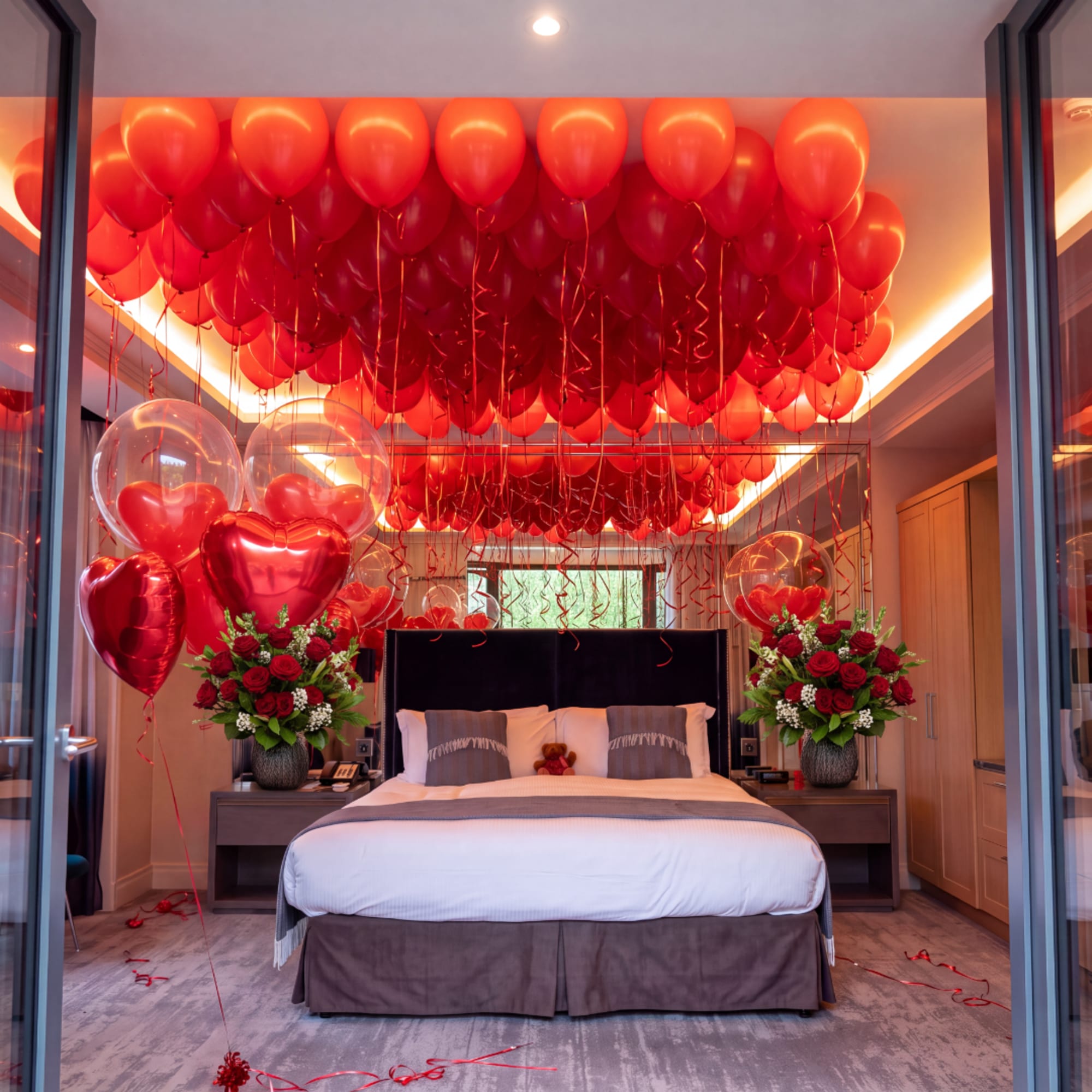 Bedroom decorated with red balloons and two red rose arrangements on bedside tables
