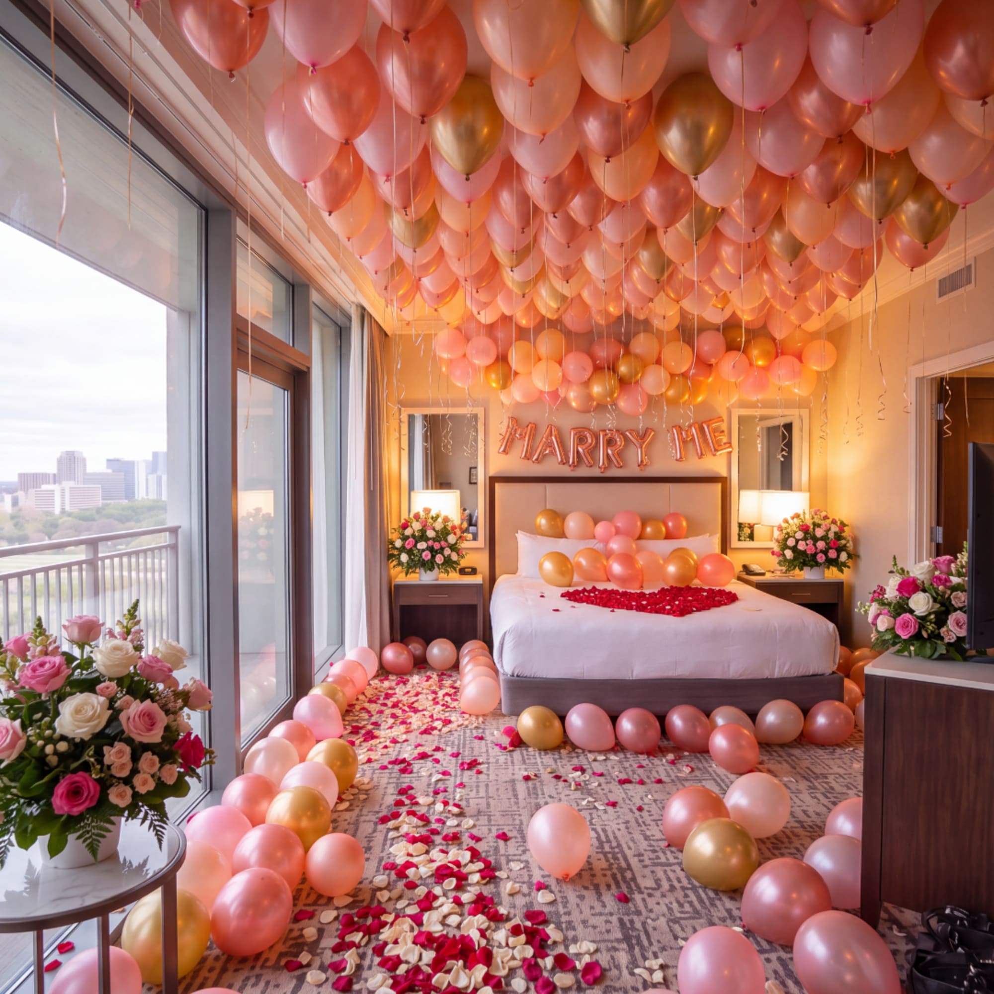 Romantic hotel room decorated with pink and gold balloons, roses, and a "Marry Me" sign