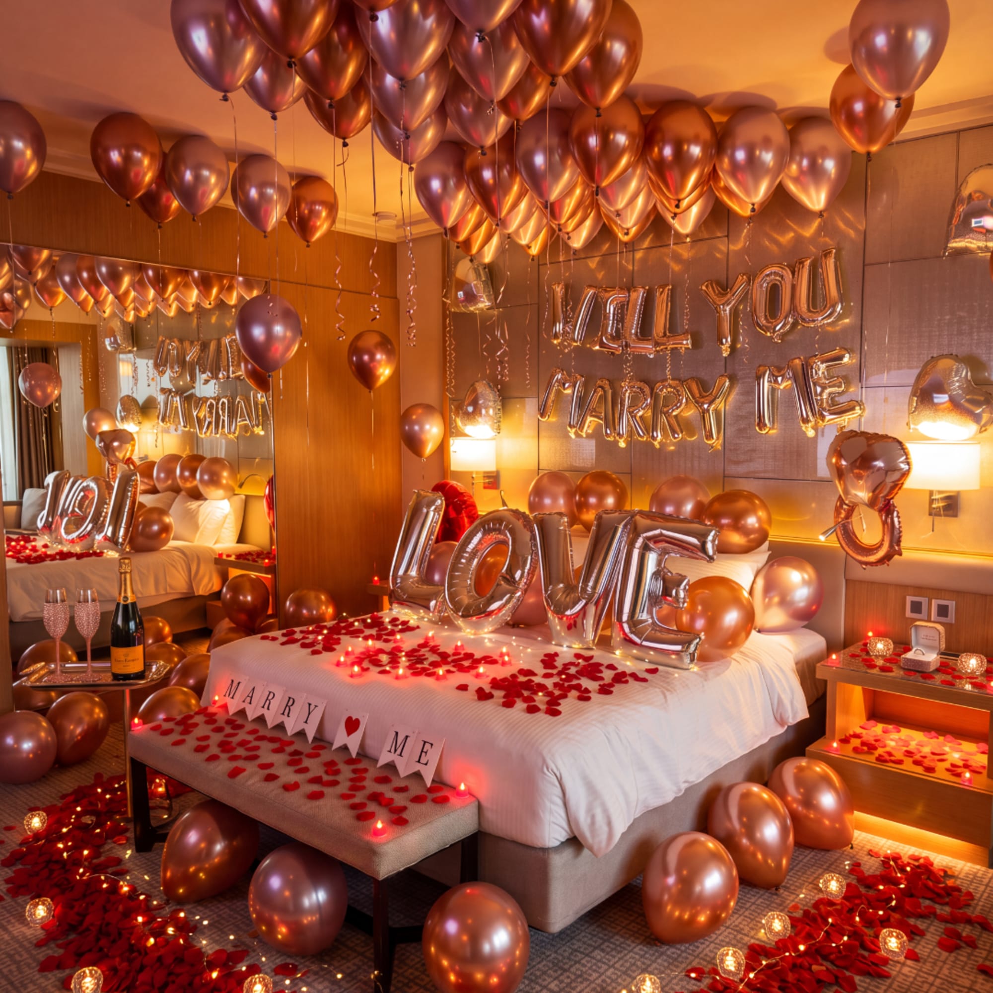 Bedroom decorated with rose-gold balloons and "Marry Me" and "I Love You" signs