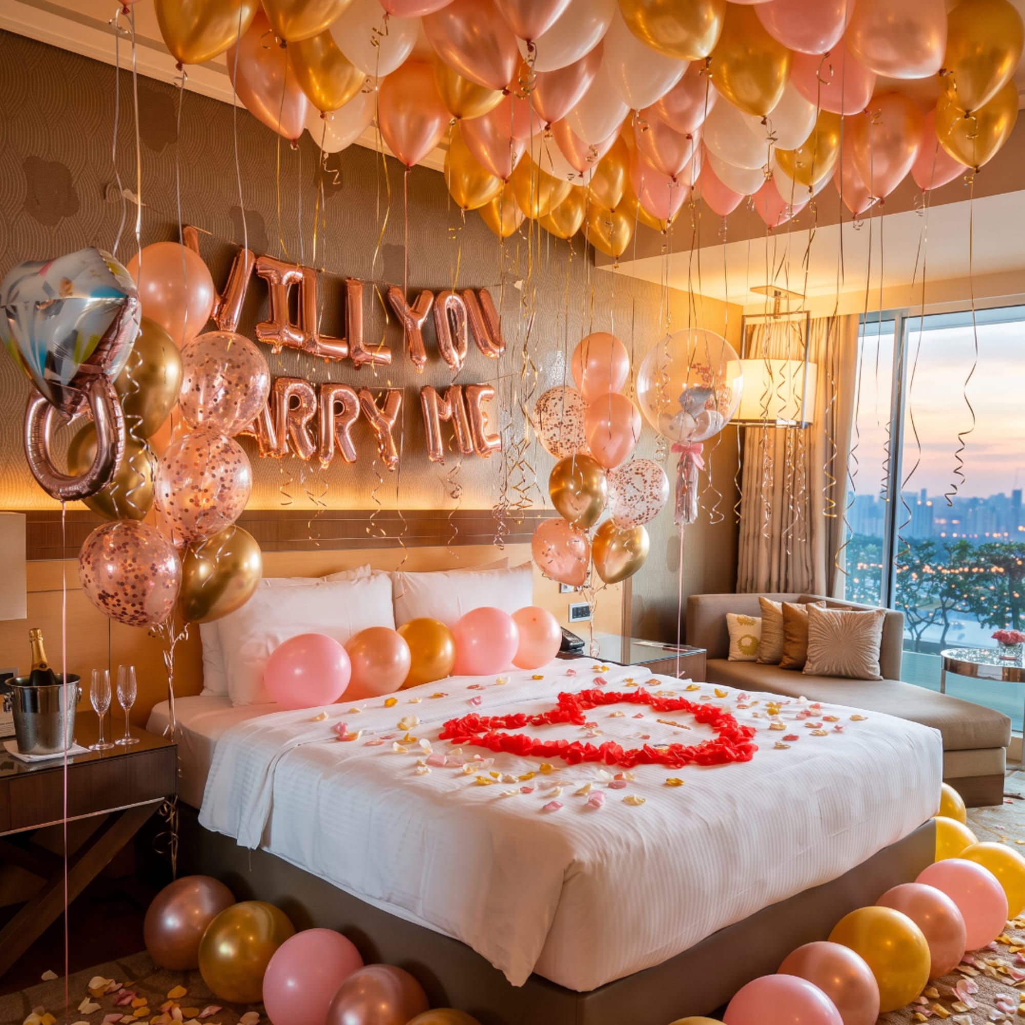 Romantic hotel room decorated with pink and gold balloons and a rose petal heart on the bed