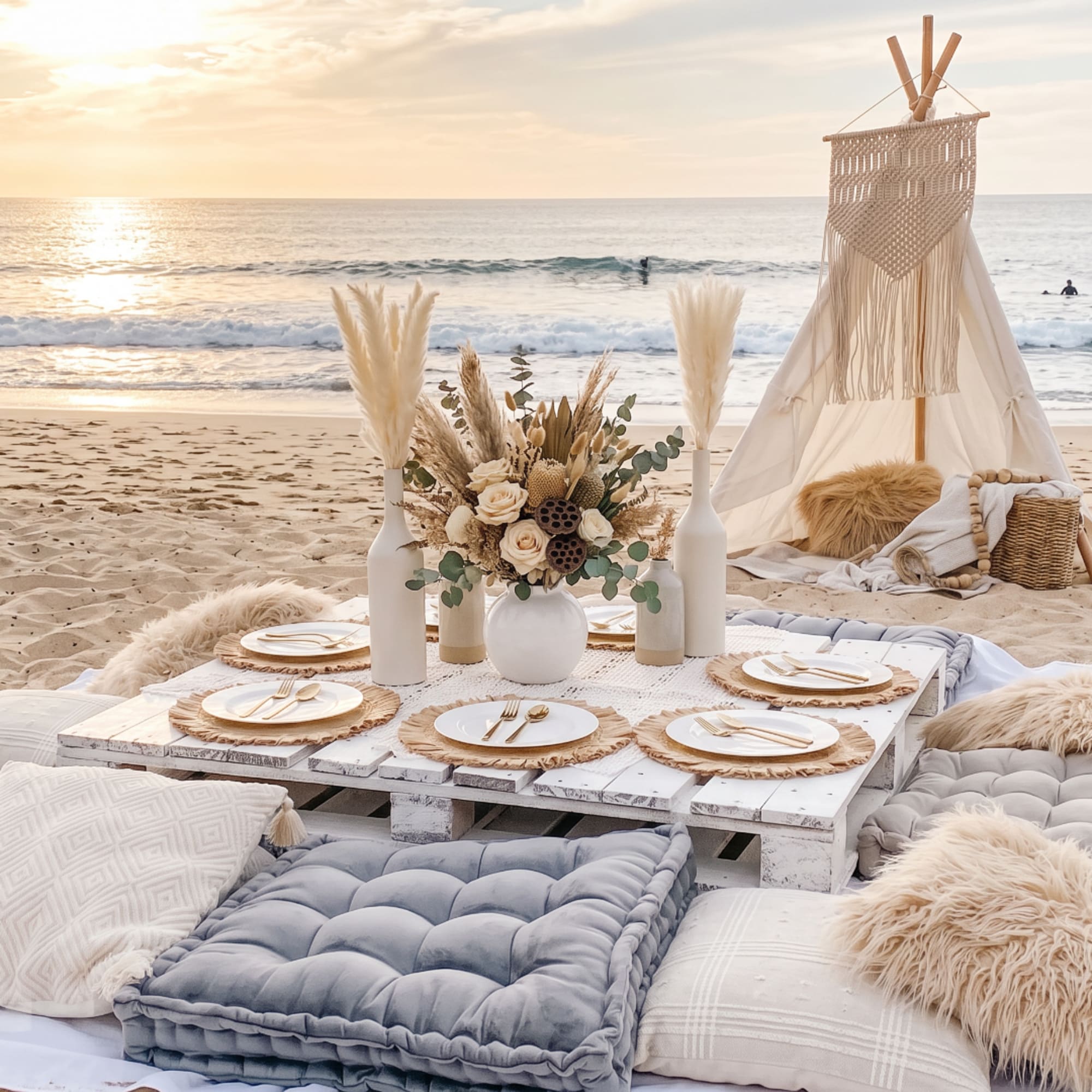 Boho beach picnic setup with a dried floral centerpiece and pampas grass in white vases