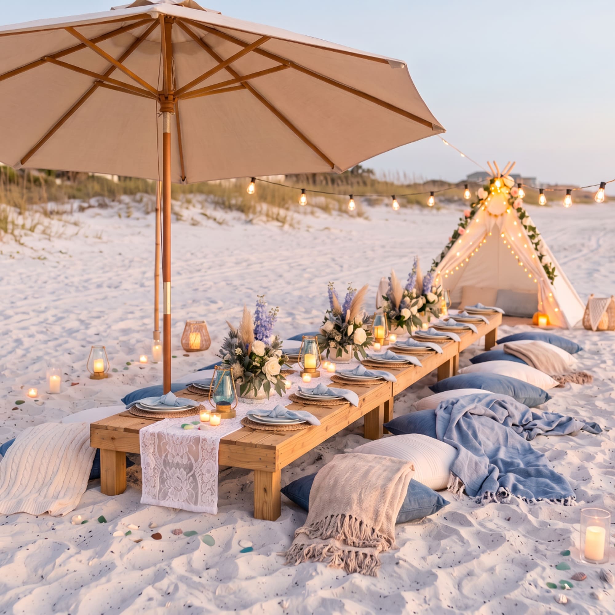 Beach picnic setup with low floral centerpieces, candles, and cushions under an umbrella