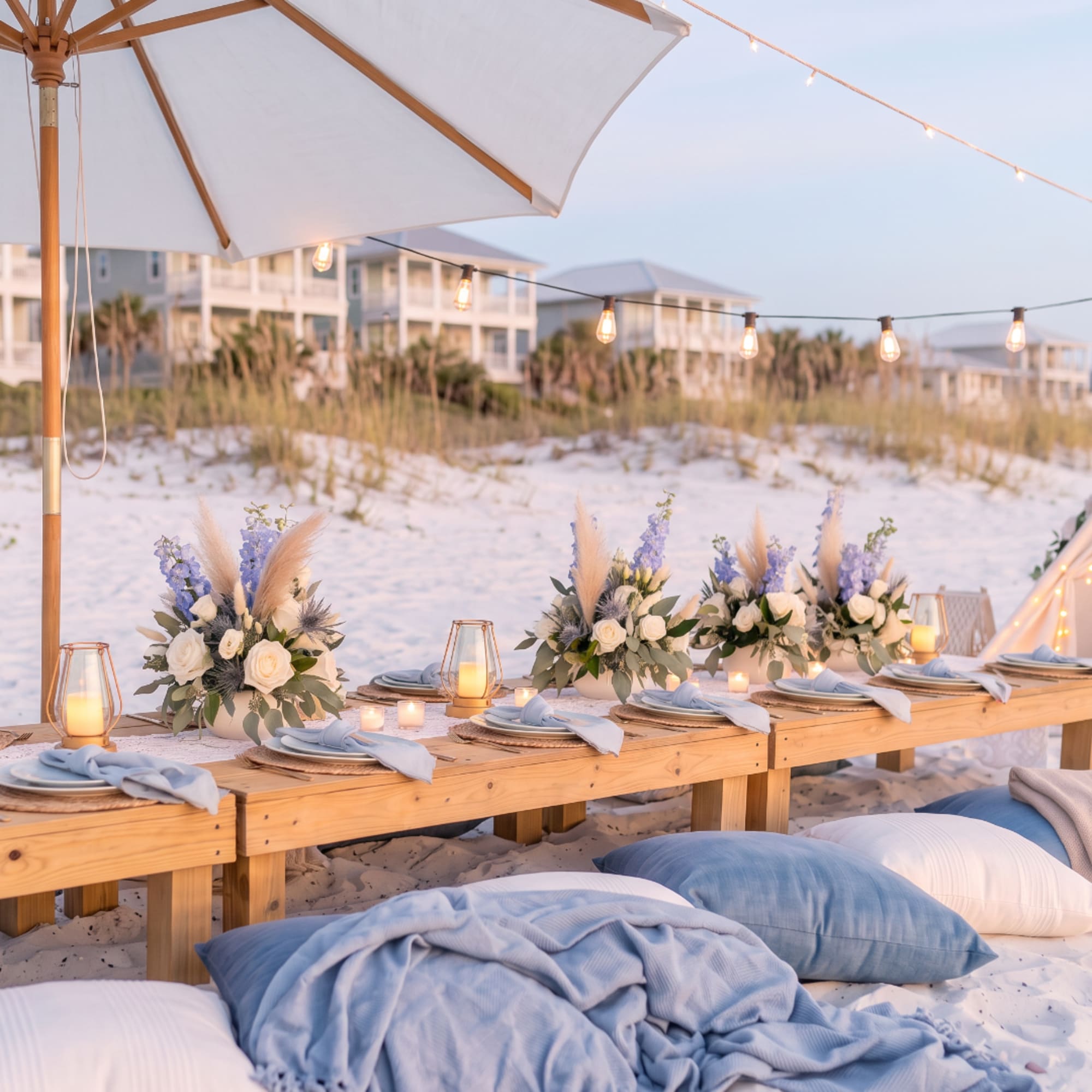 Beachside table setting with white floral centerpieces and candles under string lights